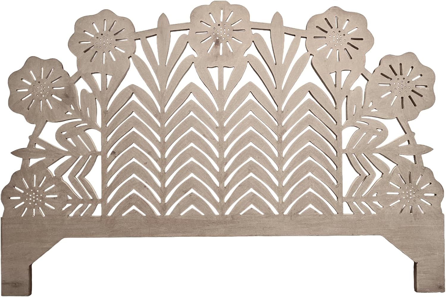 Off White Floral Handmade Wood Carved Wall Decor Carved Headboard Only Half Moon Wooden Wall Mount Headboard (Queen Size- 63x45x1 -inches) | Engineered Wood