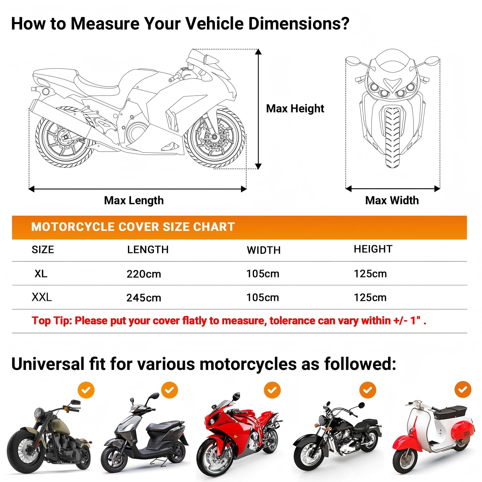 Favoto Funda para Moto y Scooter - Cubierta Impermeable y Anti-UV con Orificio para Candado, Lona de Protección Exterior e Interior, Negro y Naranja, 245x105x125cm