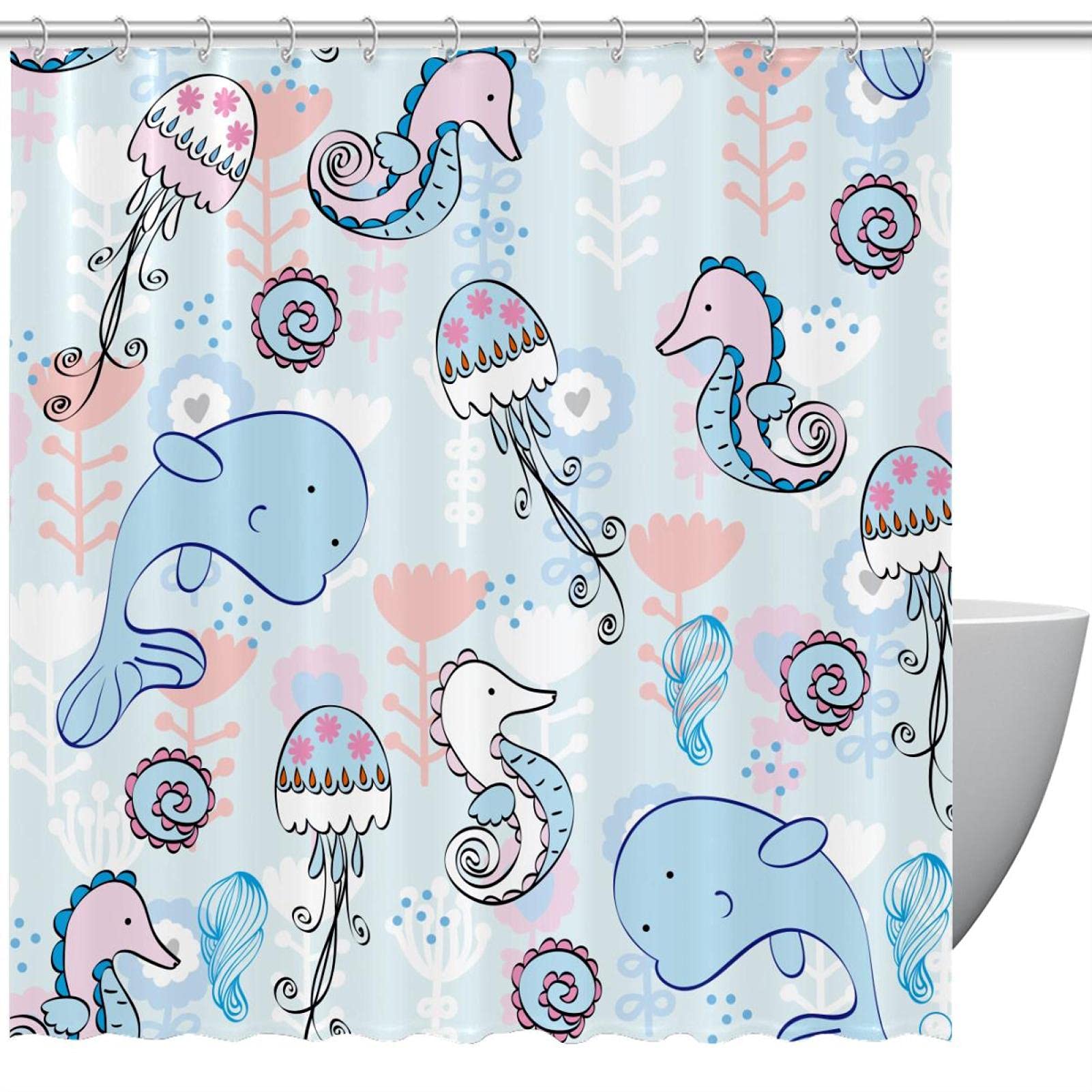 Rideaux de douche Dauphin Méduse Hippocampe 60x72 avec 12 crochets