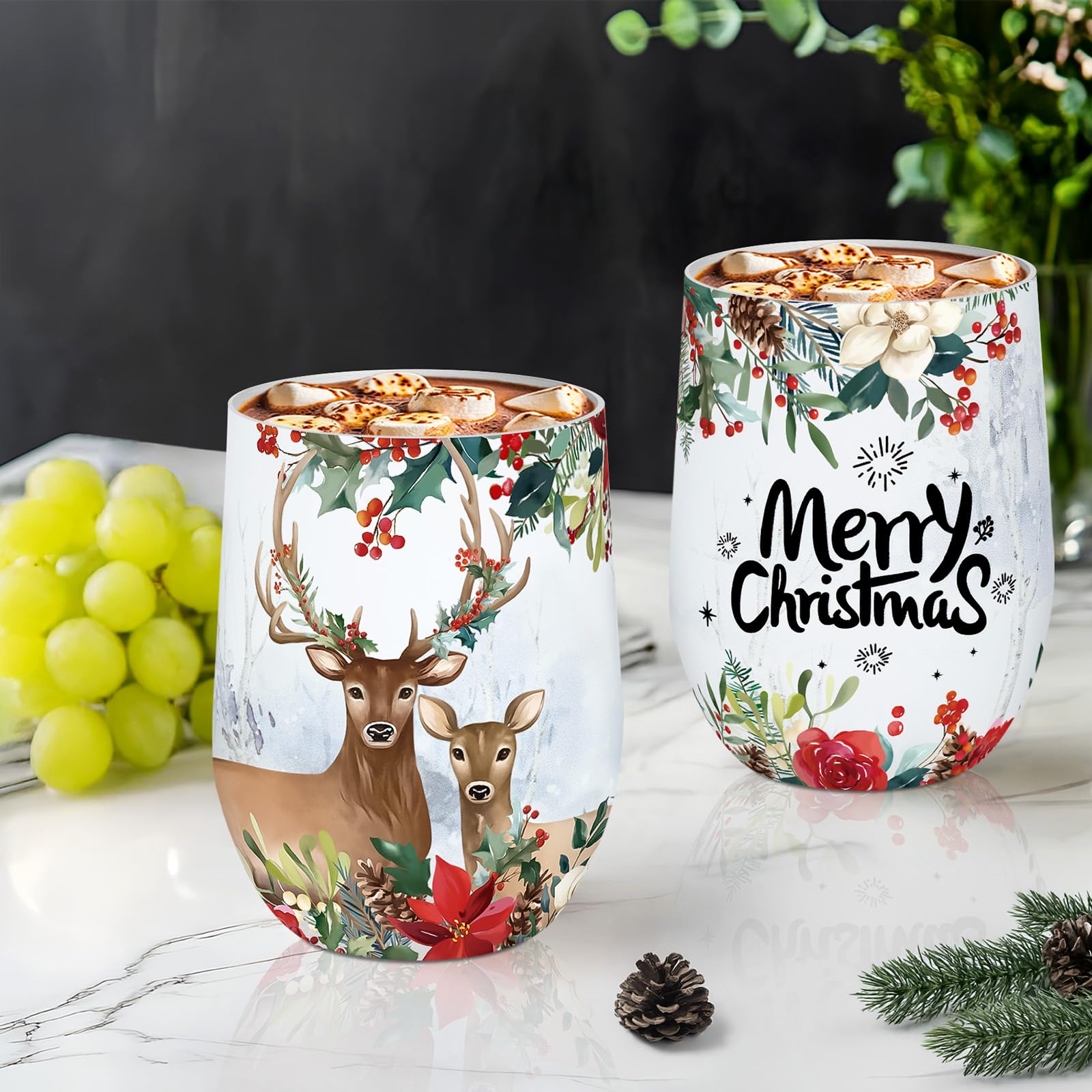 NymphFable 12oz/350ml Edelstahl Thermobecher Kaffeebecher to go, Weihnachten Weinbecher Weinglas Mit Deckel und Strohhalm, Kaffee, Cocktails Küche, Haushalt & Wohnen