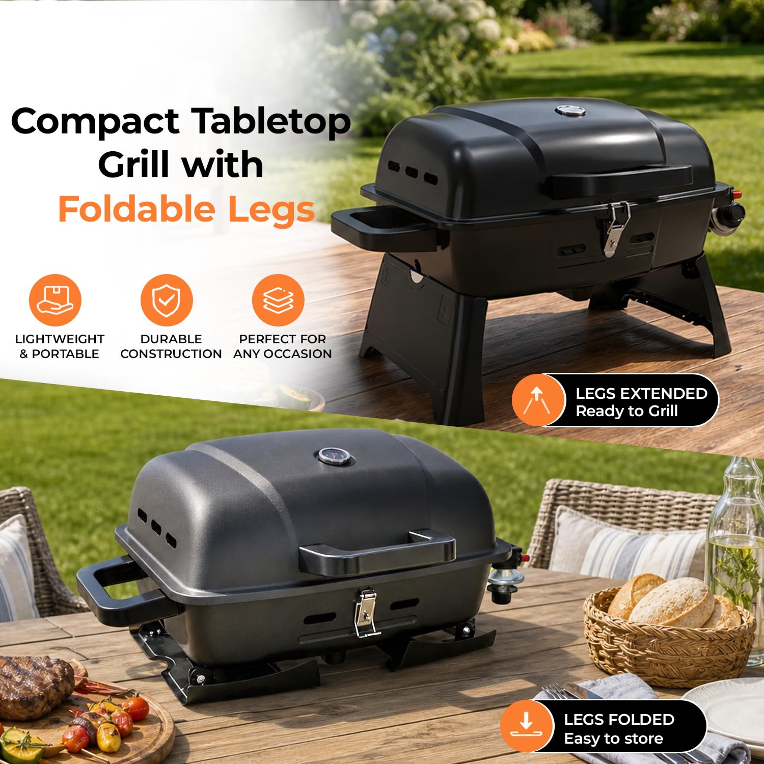 BrandMan - Griglia portatile a gas propano da tavolo a 1 bruciatore, griglia compatta per barbecue con area di cottura di 239,9 mq, blocco coperchio, termometro e gambe pieghevoli per campeggio