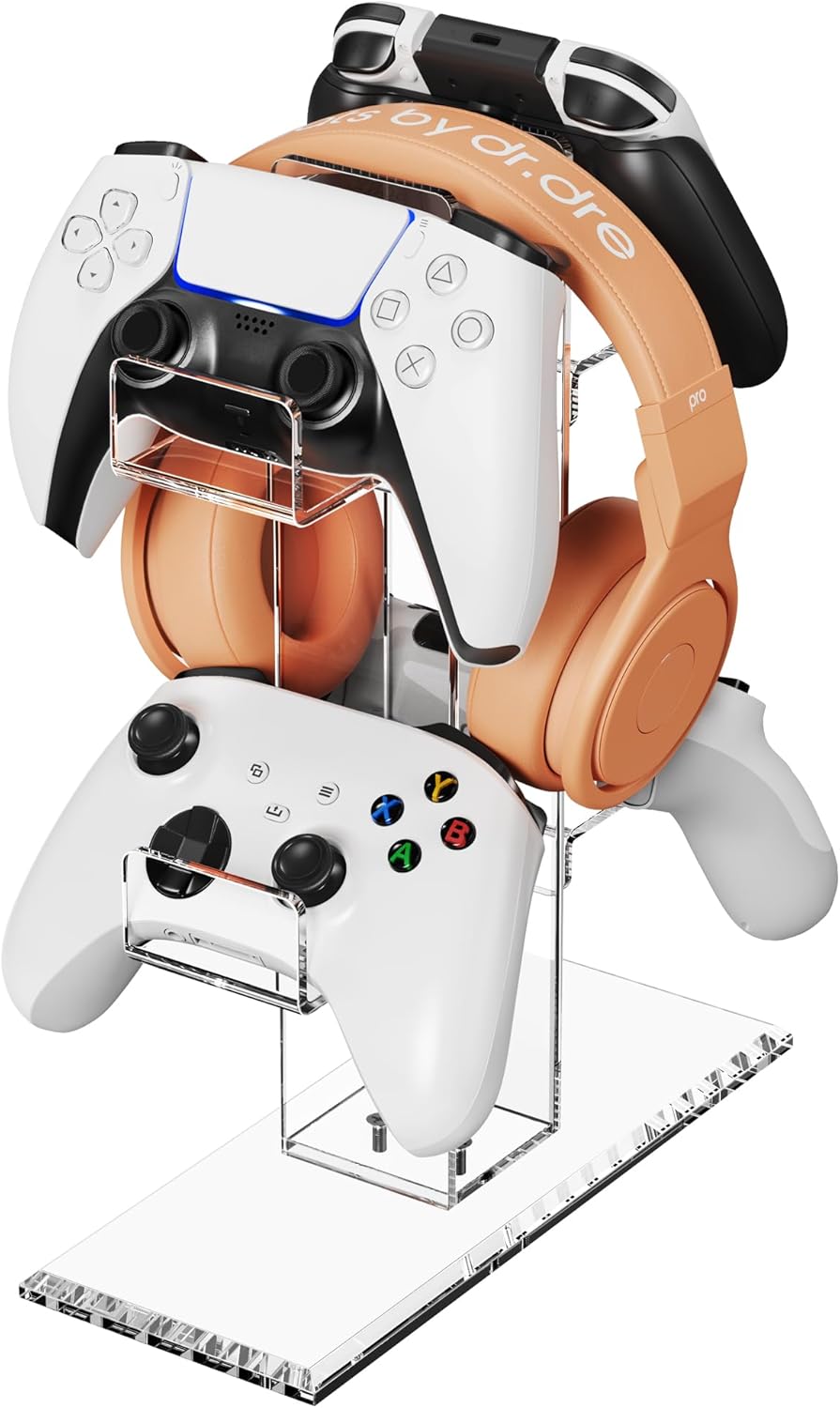 Crpich Acrylic Controller Stand, 3-Tier Headphone and Game Controller Holder with 5 Slots, Clear Desk Organizer for Xbox, PS5, PS4, Switch and More
