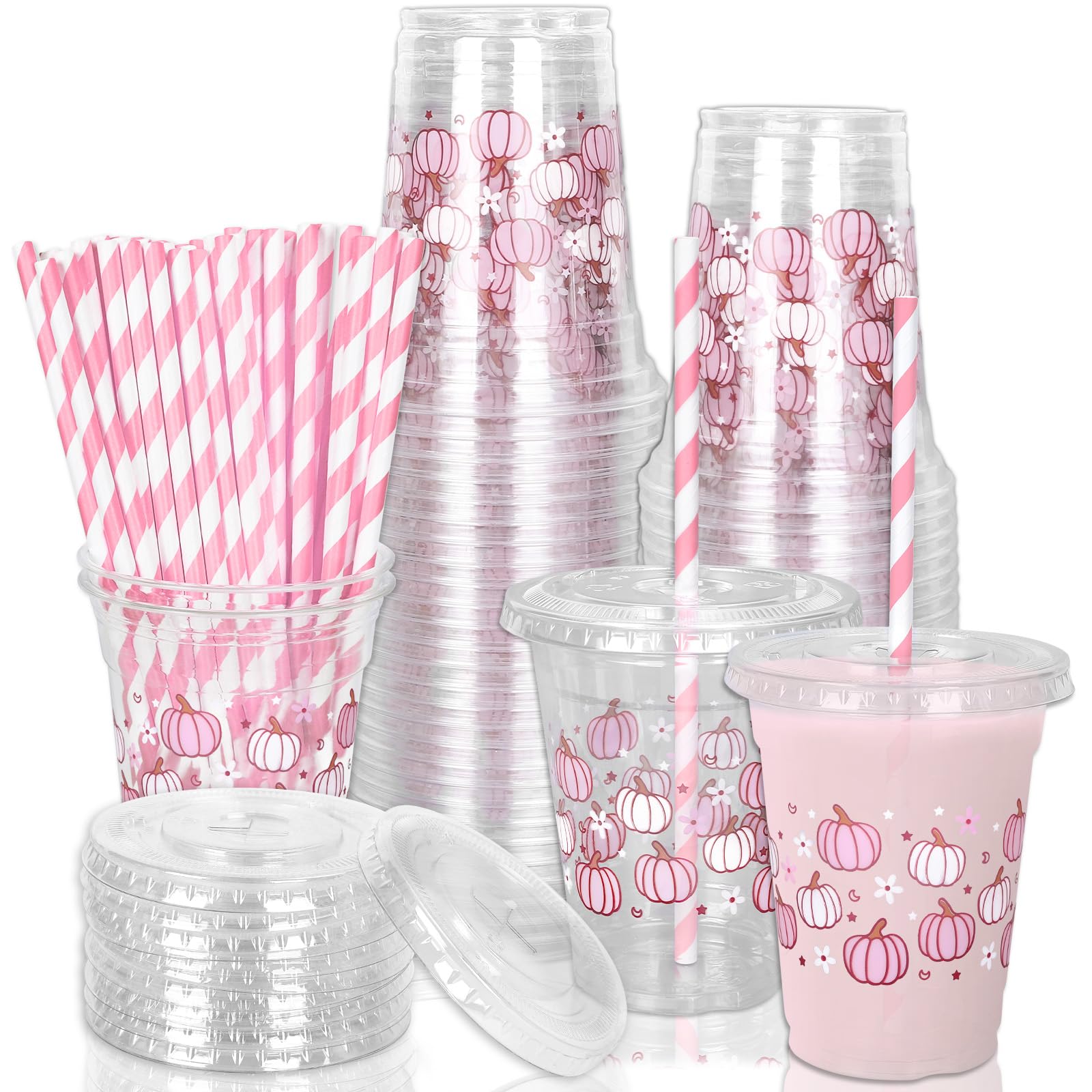 JarThenaAMCS 50Pcs Fall Disposable Plastic Cups with Lids and Straws 12oz Party Cups Pink White Pumpkin Cold Beverage Drinking Cups for Autumn