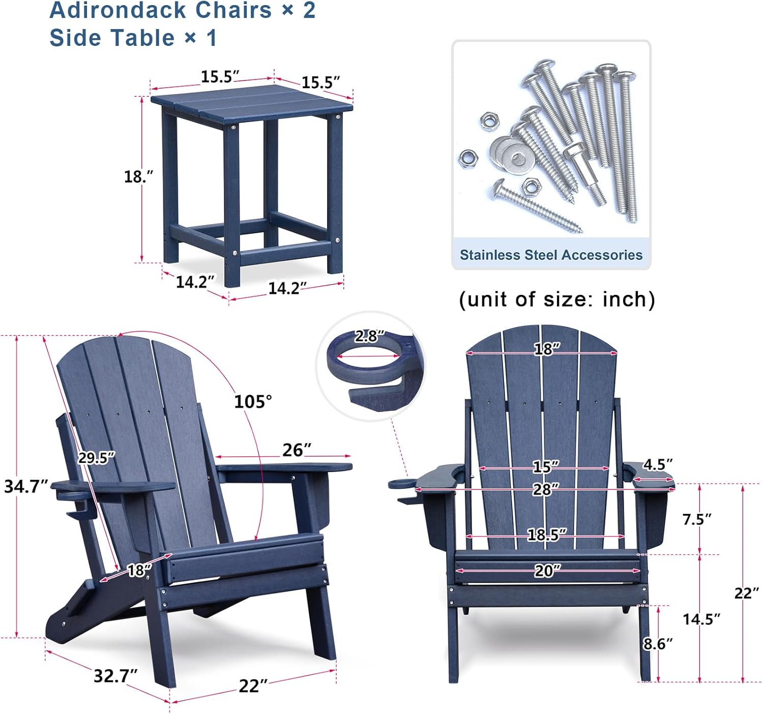 Skypatio 3 Pieces Folding Adirondack Chairs Set, Weather Resistant Adirondack Chairs Set of 2 with Cup Holder, 1 Side Table, 380 lbs Weight Capacity Portable Patio Fire Pit Chairs (Navy Blue)