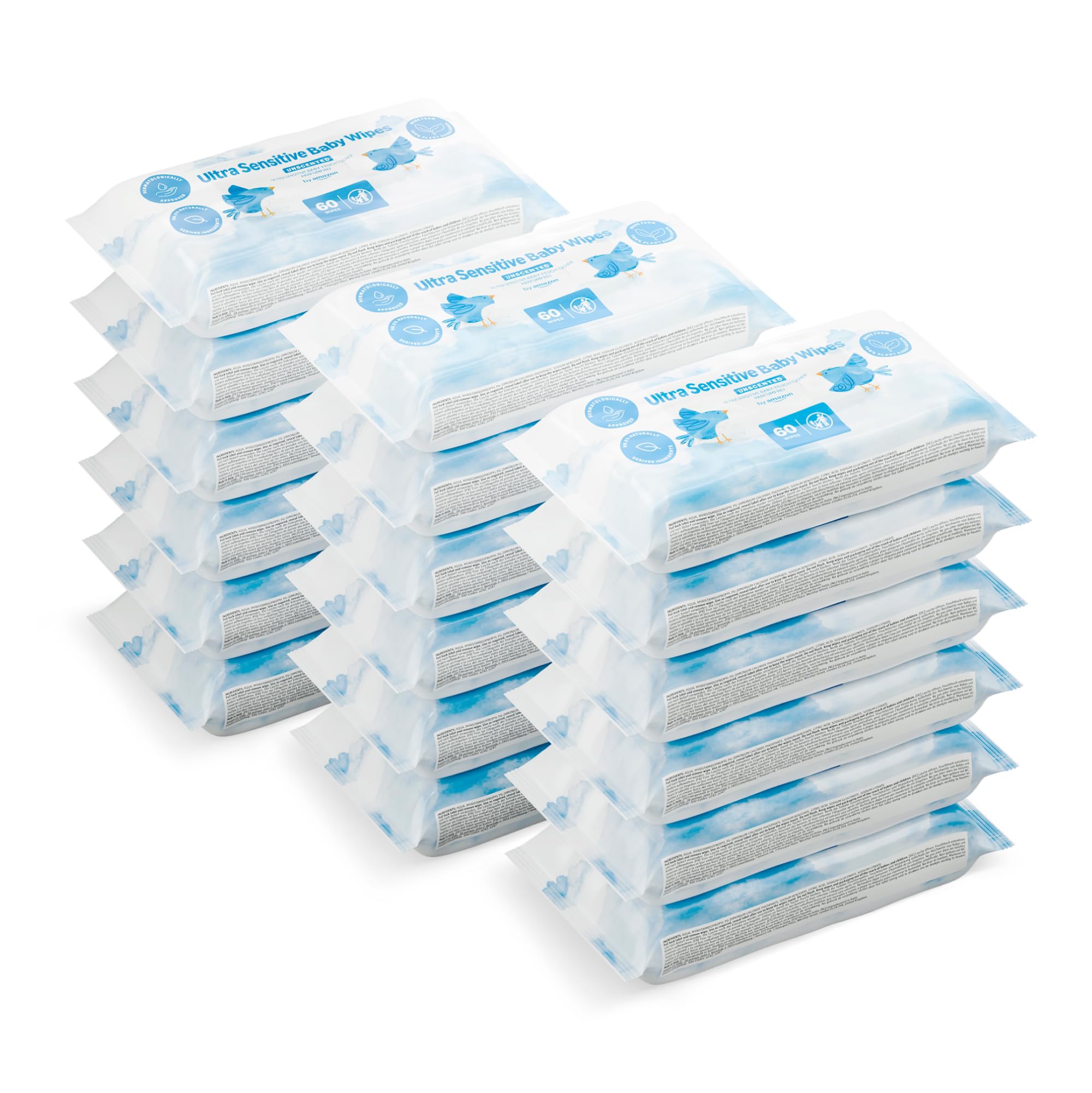 by Amazon Ultra Sensitive Babyfeuchttücher 1080 Tücher, unparfümiert, 18 Packungen à 60 Stück (zuvor unter der Marke by Amazon, identisches Produkt)