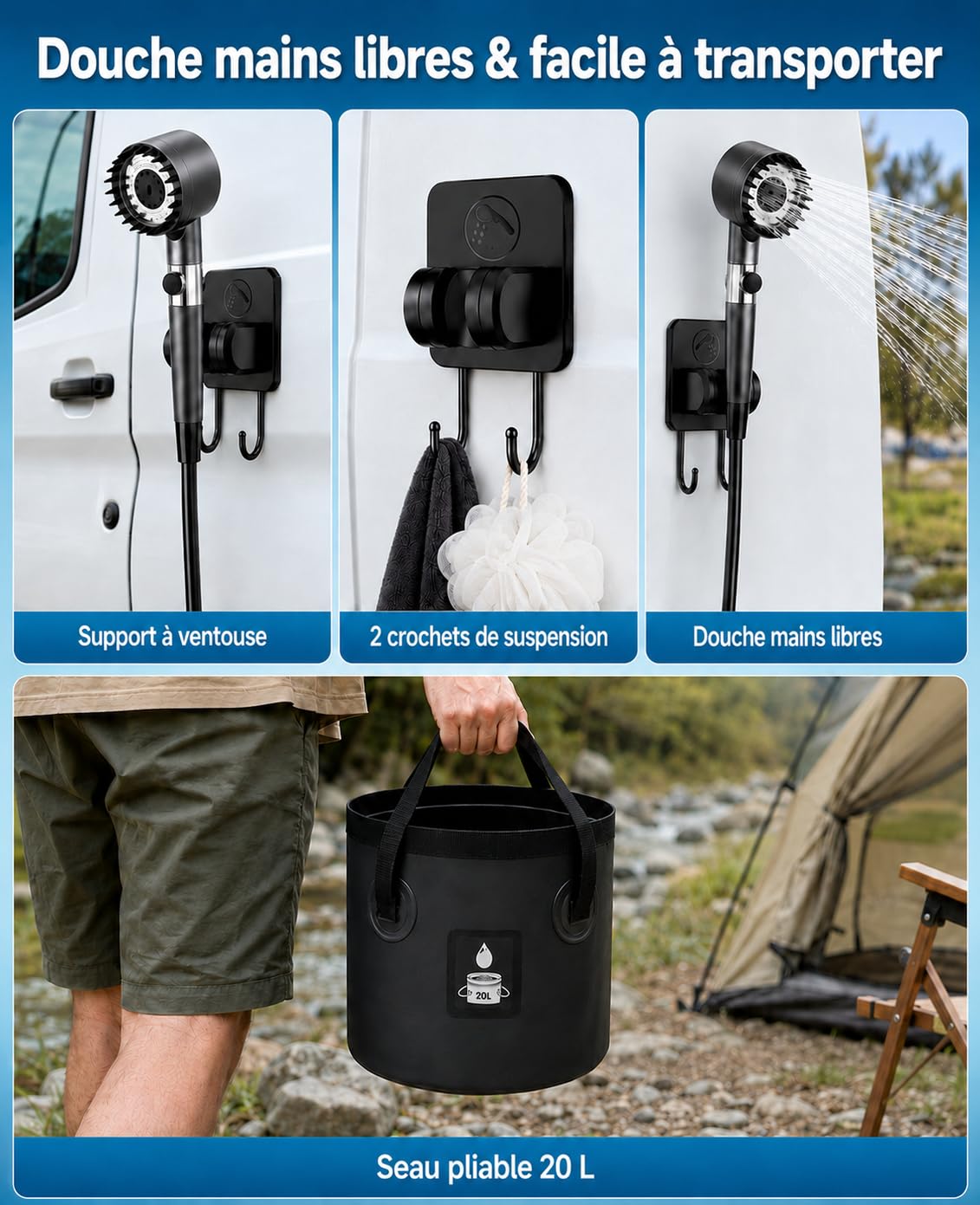 LANMOU Douche de Camping Portable 12000 mAh IPX8 avec Seau 20 L | Pompe de Douche con Pompe électrique, écran LED, 6 débits, tuyau 2 m et USB-C pour vanlife, camping-car, plage, chien