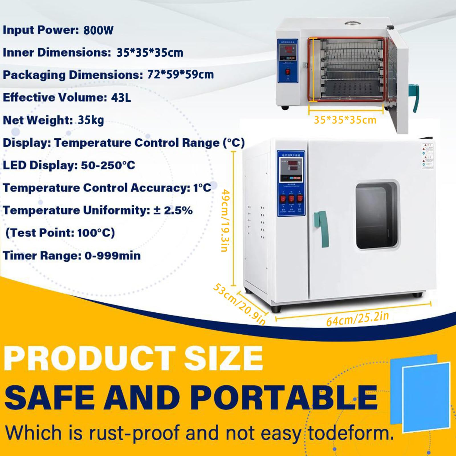 Horno de Vacío de Laboratorio, Horno Digital de Secado por Convección de Aire Forzado, Control de Temperatura, Gran Capacidad para El Secado de Componentes Electrónicos Galvanized-43L