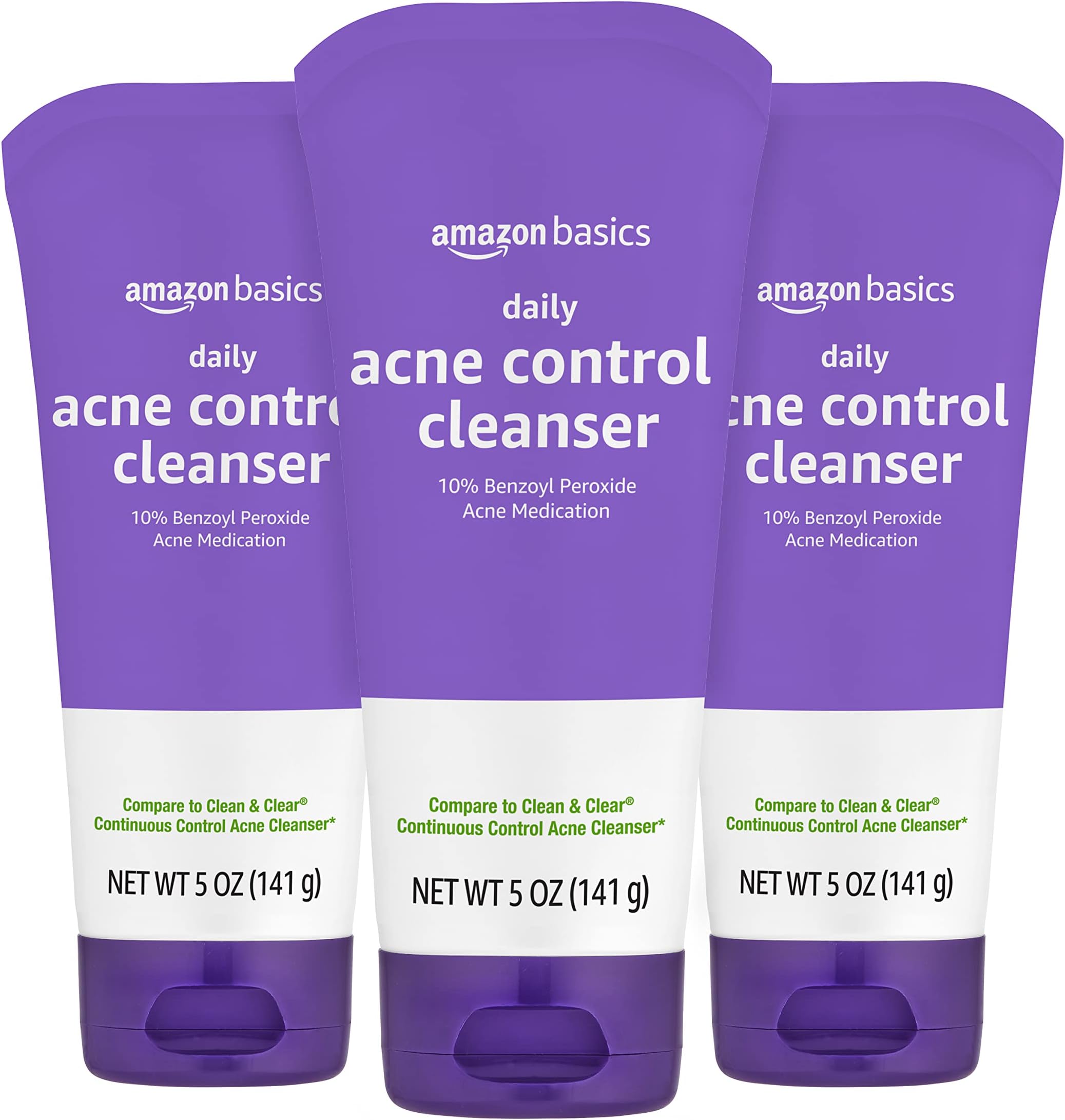 Amazon Basics Acne Treatment Face Wash - Daily Control Cleanser, Maximum Strength 10% Benzoyl Peroxide for Stubborn Breakouts, 5 Ounce (3-Pack)