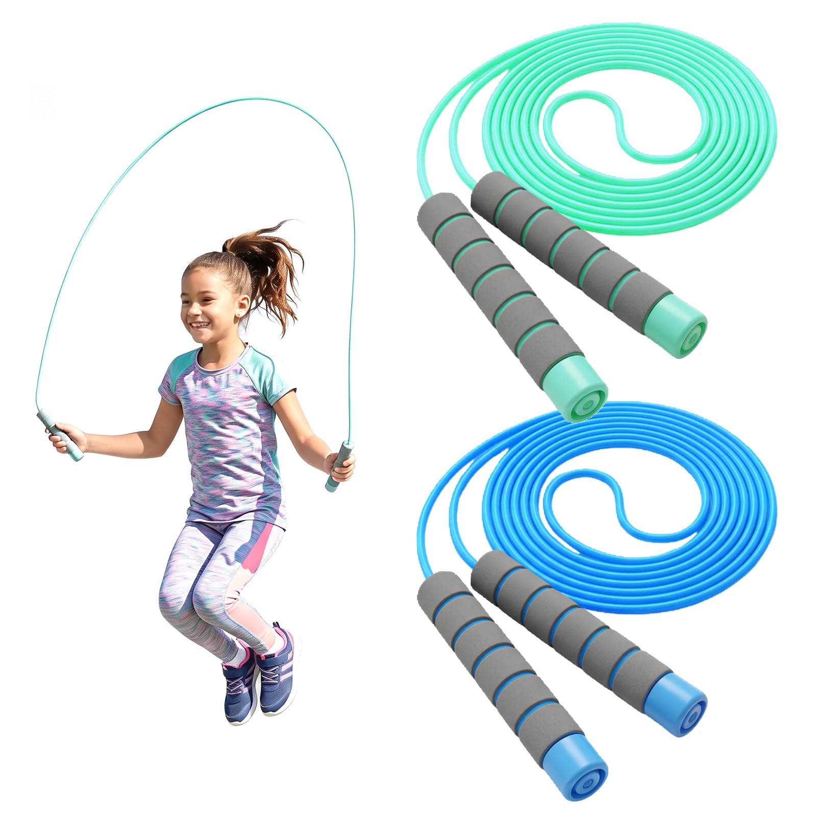 2 Pack Skipping Rope Kids Set, Adjustable Skipping Rope with Soft Foam Handles, Lightweight Skipping Ropes for Kids Indoor & Outdoor Exercise Fitness Training