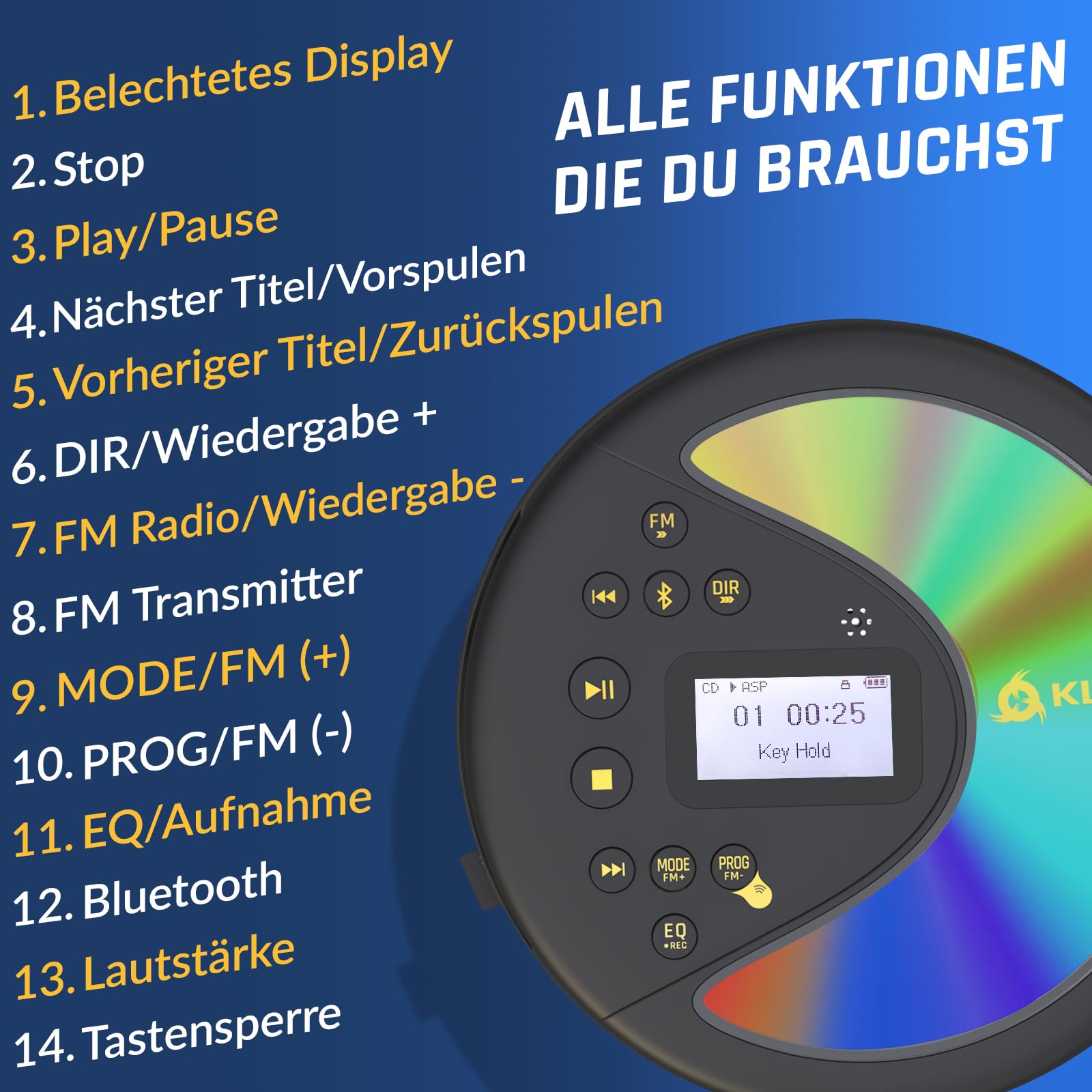 KLIM Discover Mit Kopfhörern - Tragbarer CD-Player mit langlebigem Akku - Kompatibler MP3-CD-Player - SD-Karte, FM-Transmitter, Bluetooth - Ideal für Autos - Portable CD Player - Schwarz/Gold