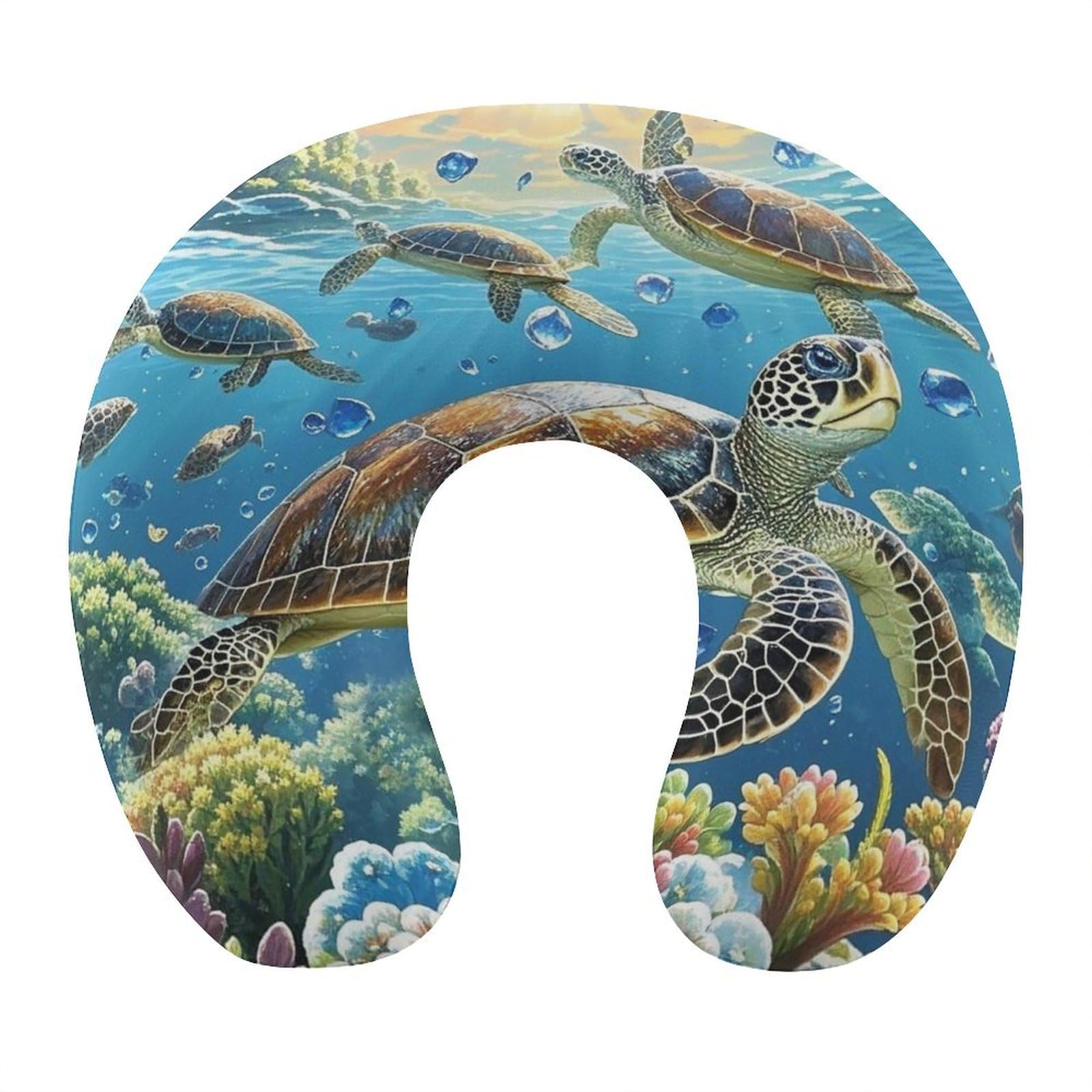 Oreiller de voyage contre le mal de cou en transport motif tortue de mer en U