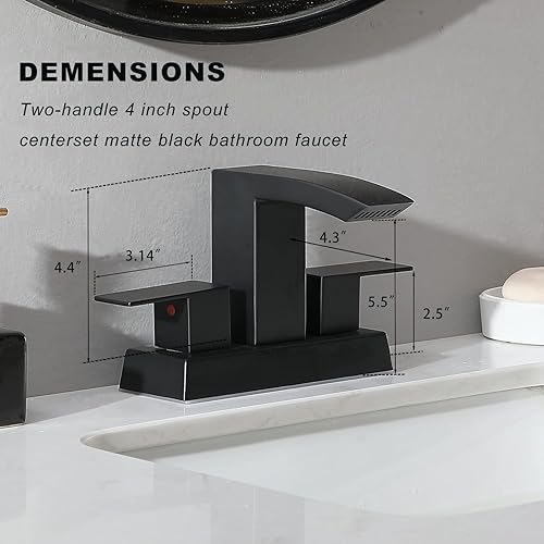 Miniatura 6 de Friho Grifo de baño de cascada negra, grifos de lavabo central de 4 pulgadas, 3 agujeros y 2 manijas con boquilla cuadrada, drenaje desplegable y