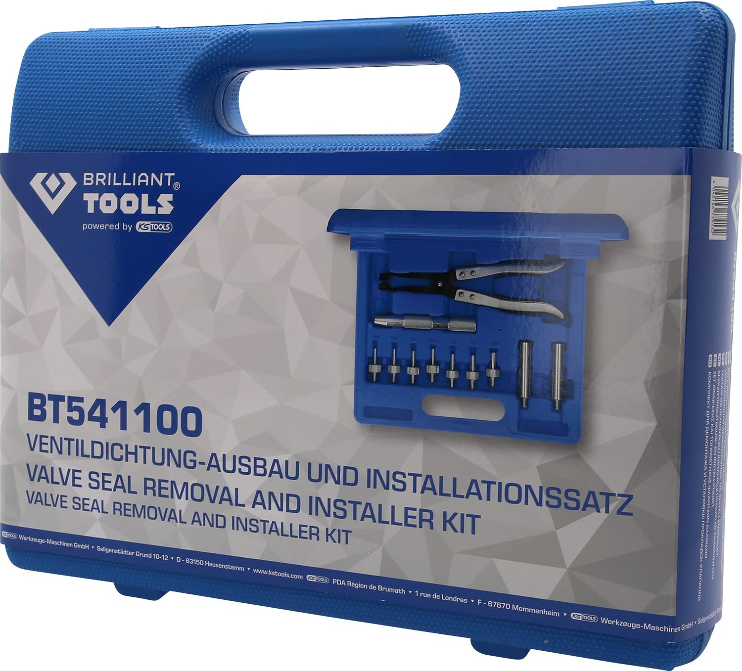 BRILLIANT TOOLS BT541100 Ventildichtung-Ausbau und Installationss atz [Powered by KS TOOLS], Mit Stabilem Blauen Transportkoffer, 11-Tlg.