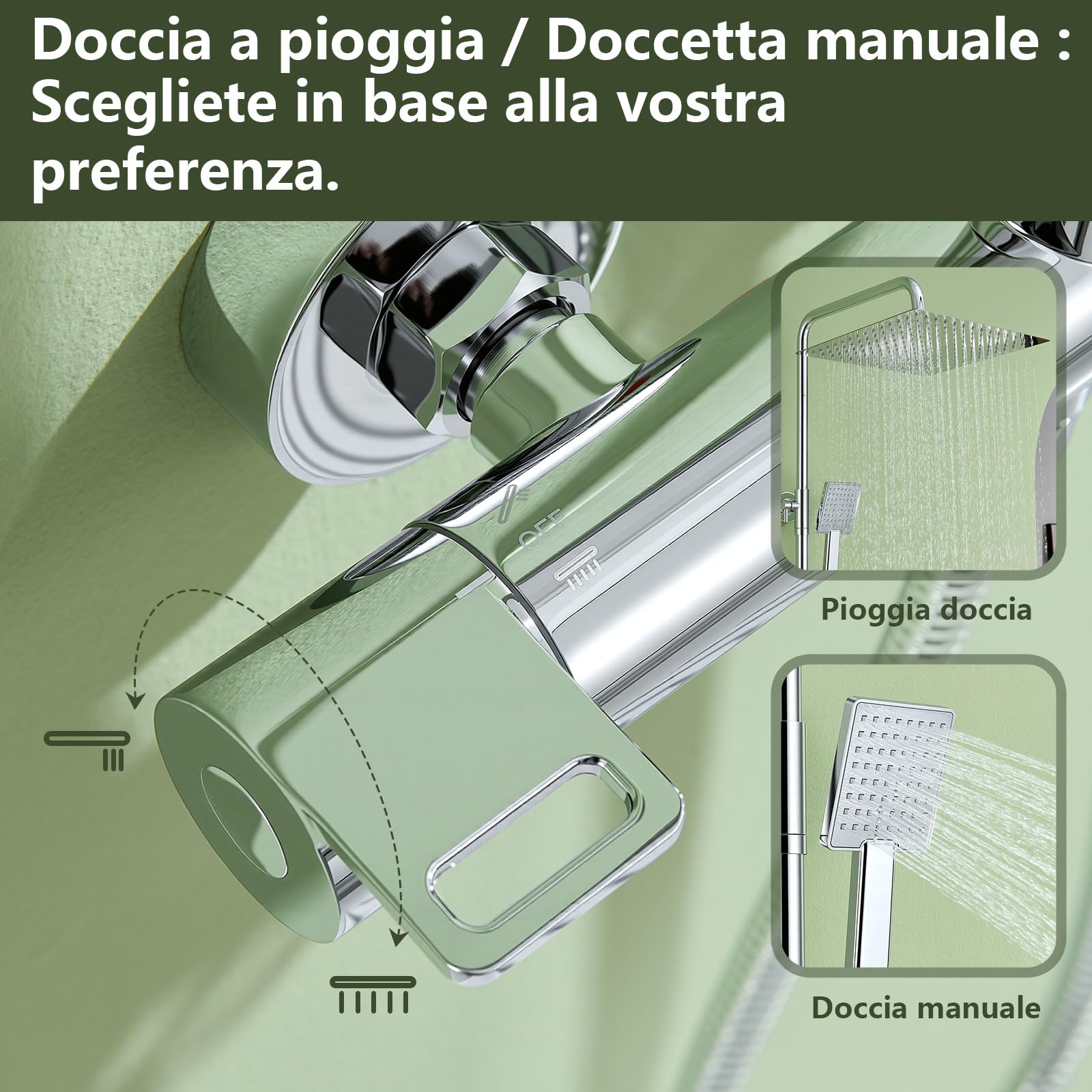 Sistema doccia termostatico in acciaio inox, soffione quadrato 12" (30 cm), doccetta manuale un getto. Set rubinetteria regolabile in altezza, anti-ustione, risparmio idrico