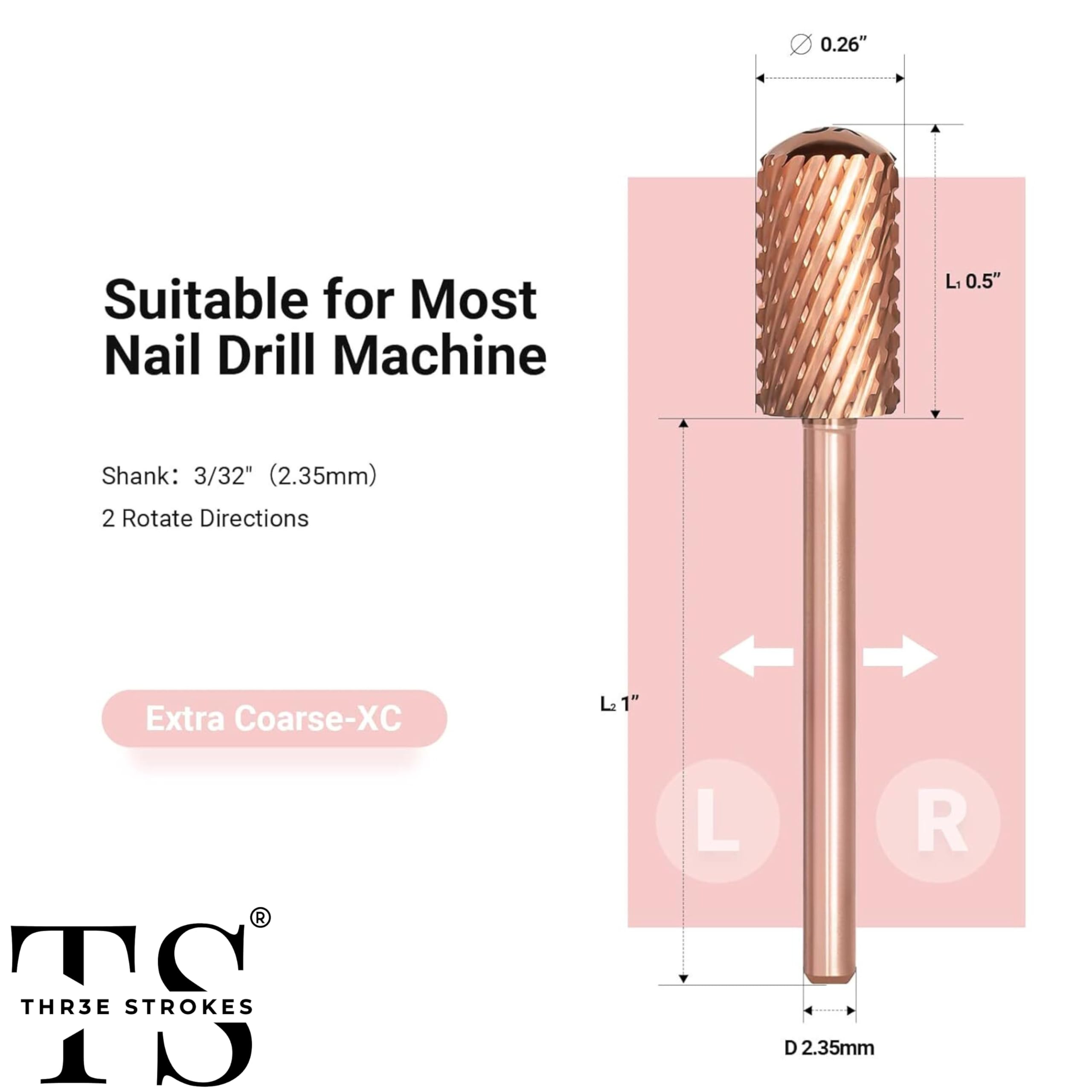 THR3E STROKES Nail Drill Bits, 3/32'' Smooth Round Top Large Barrel Carbide Bits, Suitable for Manicure Pedicure Cuticle Gel Polishing, Beginners Bits, Rose Gold, Series Bit (Extra Coarse-XC, ROSE GOLD) 4