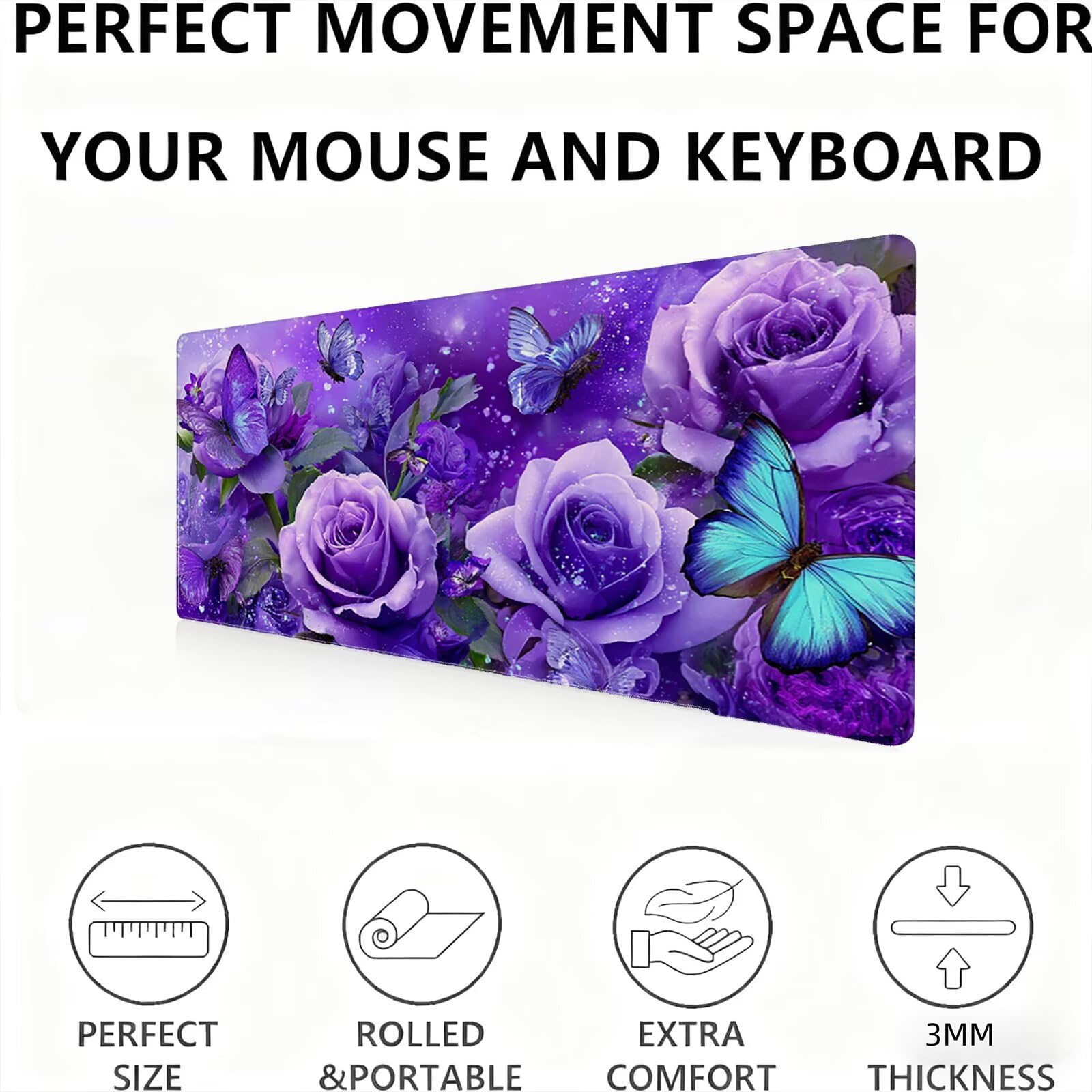 Podkładka pod mysz XXL kwiaty/motyl 1200 x 600 mm duża podkładka pod mysz szyte krawędzie wodoodporna antypoślizgowa duże rozszerzone akcesoria biurowe do PC, przenośna poprawia dokładność i szybkość