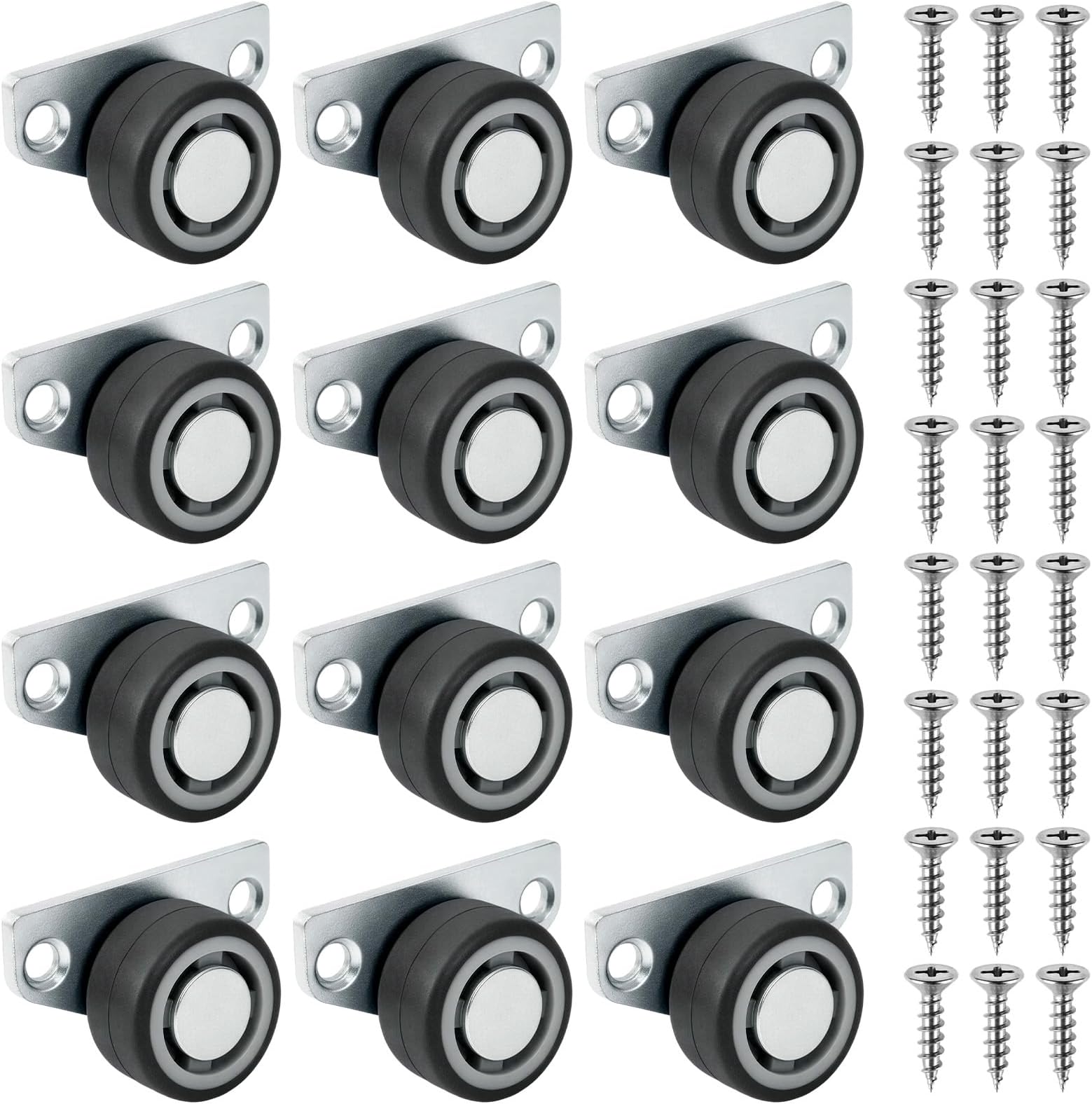 12-Pack Side Mount Casters 28mm (1.1") Rubber Rolling Low Profile Castors Furniture Wheels Non Swivel Rigid Wheels for Furniture Drawers Trays Rolling Cabinet Trundle Bed (24-Pack)
