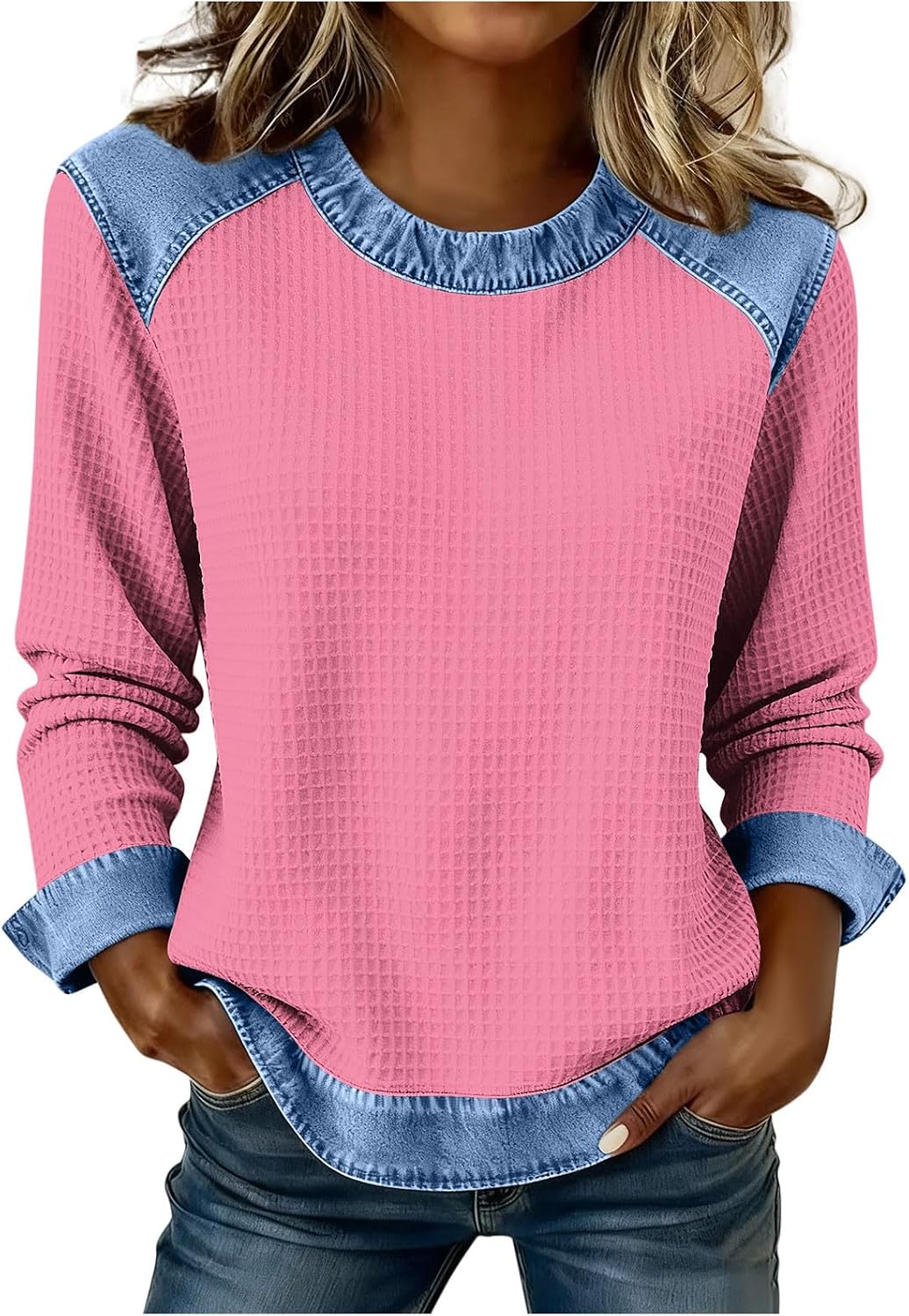 Long Sleeve Shirts for Women Casual Fashion Denim Patchwork Crewneck Blouse Solid Color Crewneck Pullover Top
