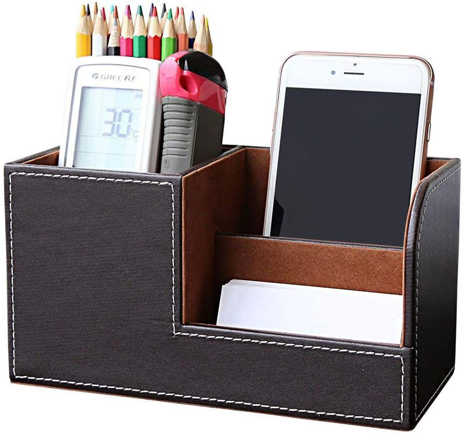 PU Leather Desk Organizer Pen Pencil Holder (Brown)
