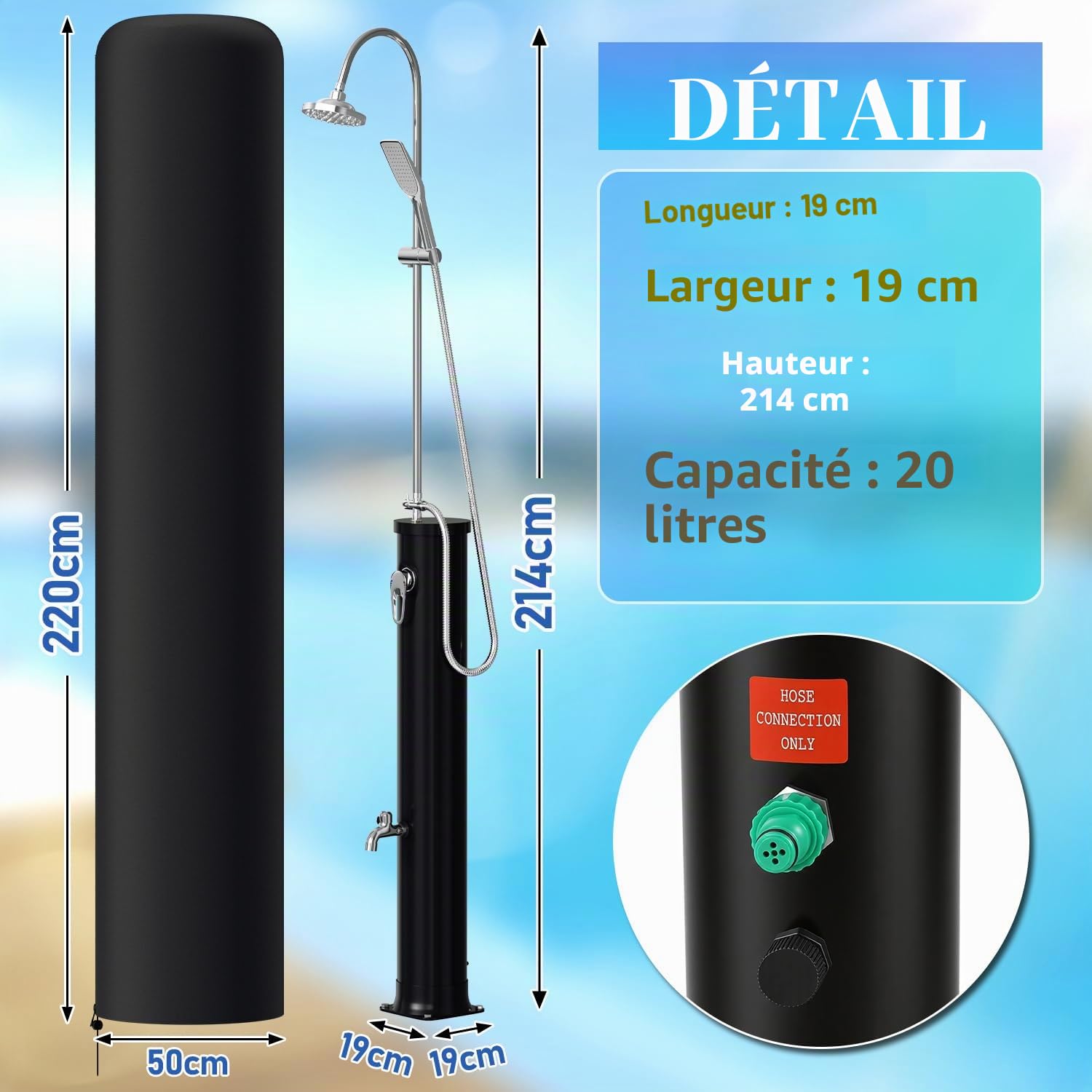 Douche solaire 20 litres – Demi-colonne avec robinet noir – Douchette à main, couvercle de protection et bonde d'eau inclus – Douche de jardin et de camping sans électricité