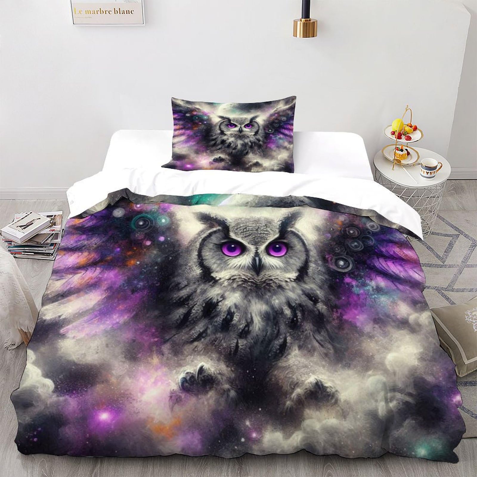 Housse de couette single grise hibou 135x200cm parure adulte 1 place