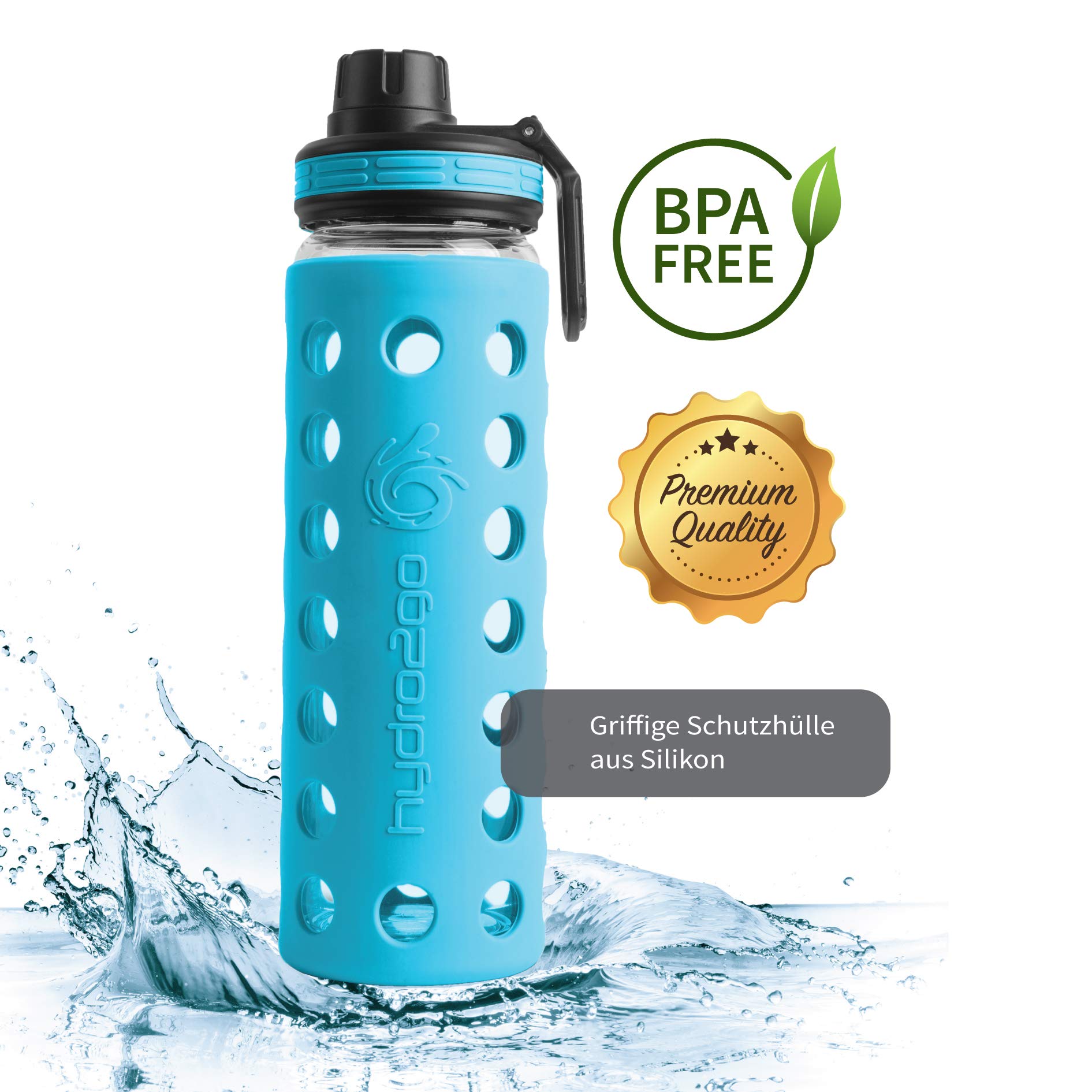 hydro2go Glas-Trinkflasche 550 ml mit Silikonhülle und 2 Deckeln, BPA-frei