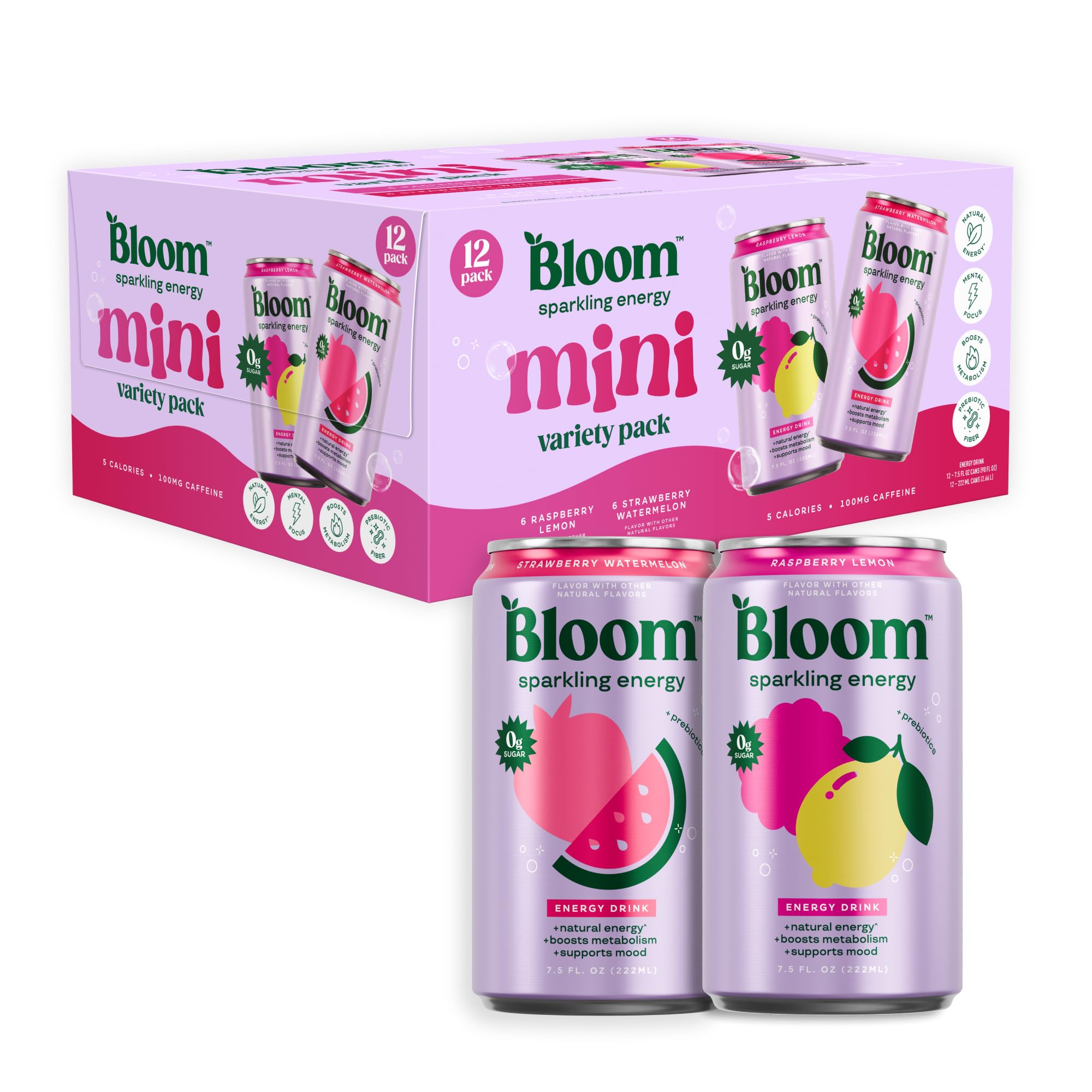 Bloom Nutrition Sparkling Energy Drink Minis, Raspberry Lemon & Strawberry Watermelon, 7.5oz 12 Pack