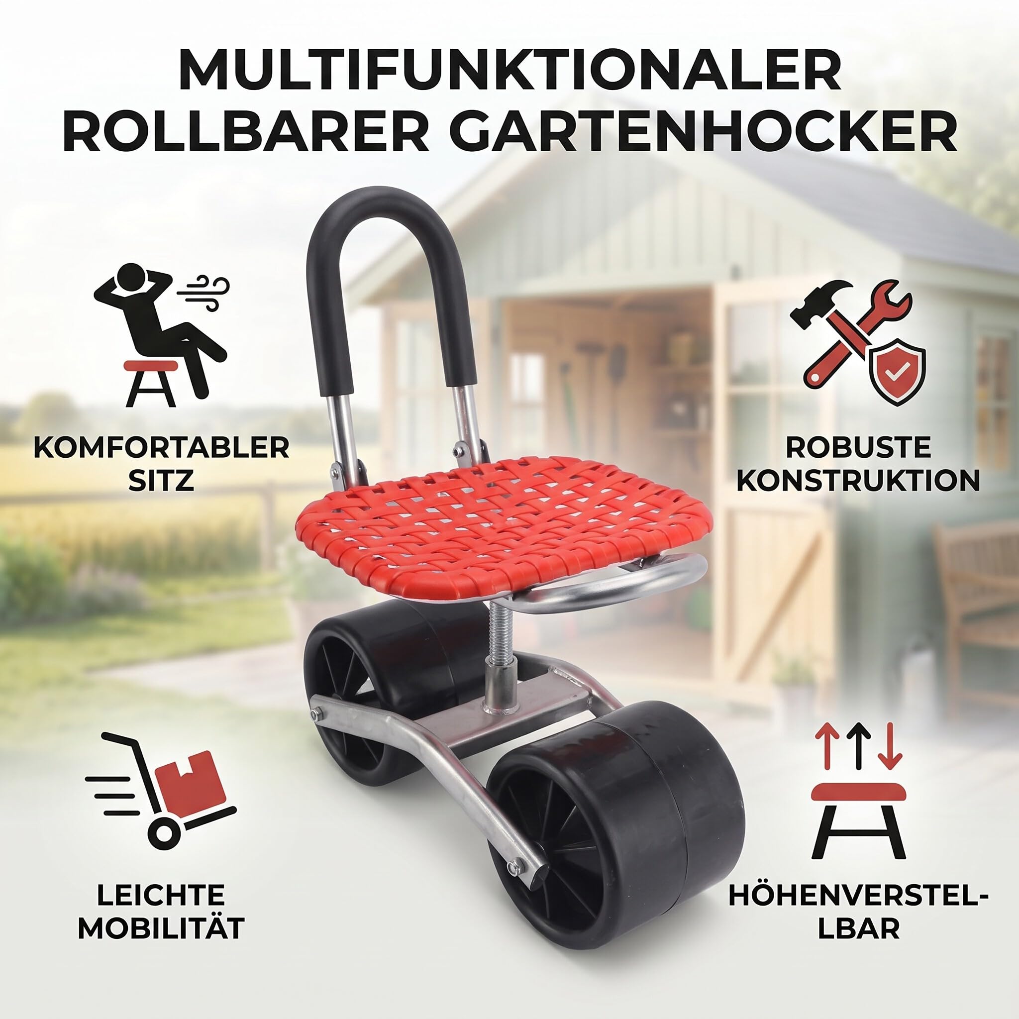 Ejoyous Sgabello da giardino con ruote, sedia a rotelle per giardinaggio, altezza regolabile 22-35 cm, sedia da giardino mobile, risparmio di manodopera, aumento dell'efficienza
