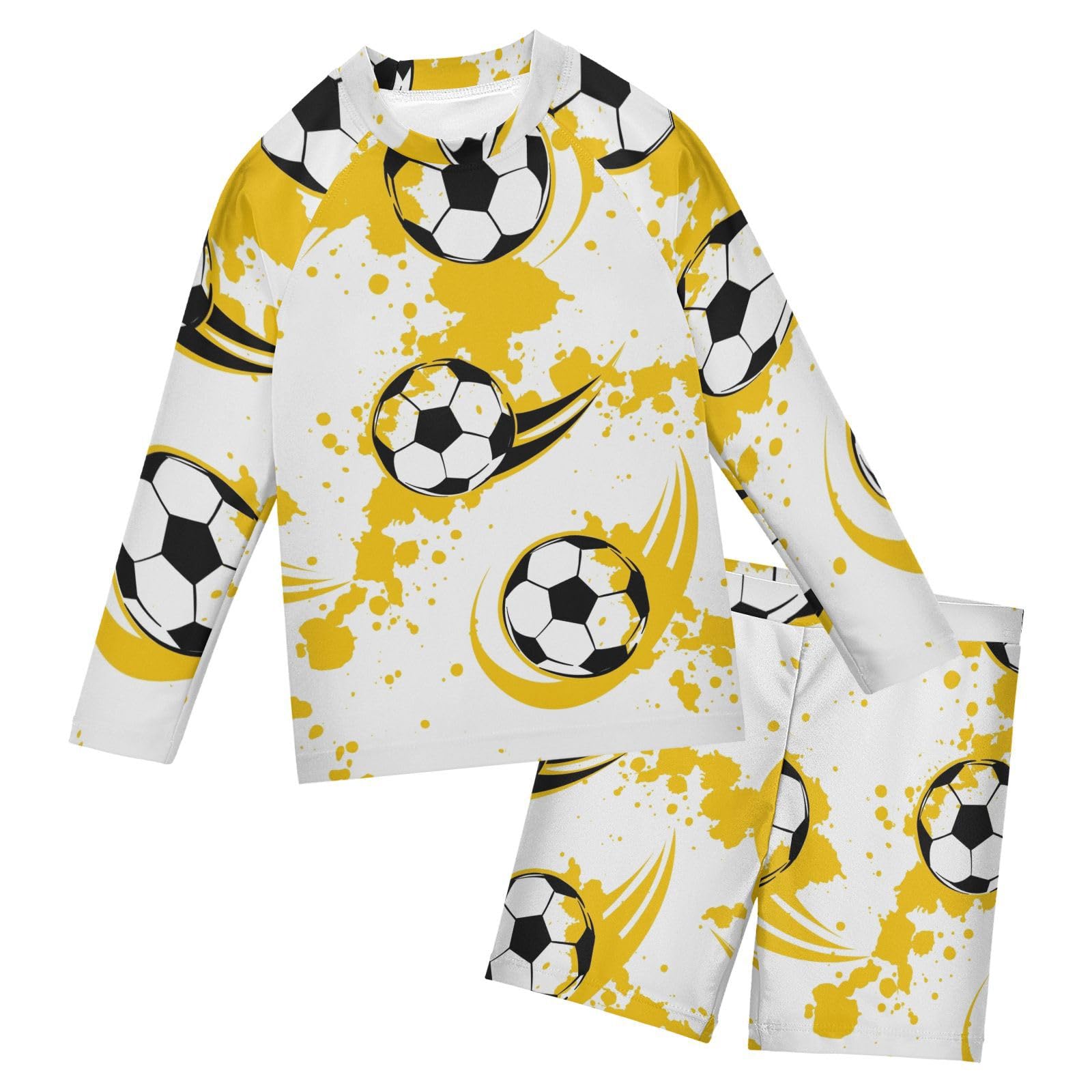 Aflyko Kids' Bathing Suit Set Grunge Soccer Football Ball Long Sleeve Swim Tops with Shorts Summer Vacation Pool Party Rashguard Fun Cute Infant Beachwear, 4T Multicoloured
