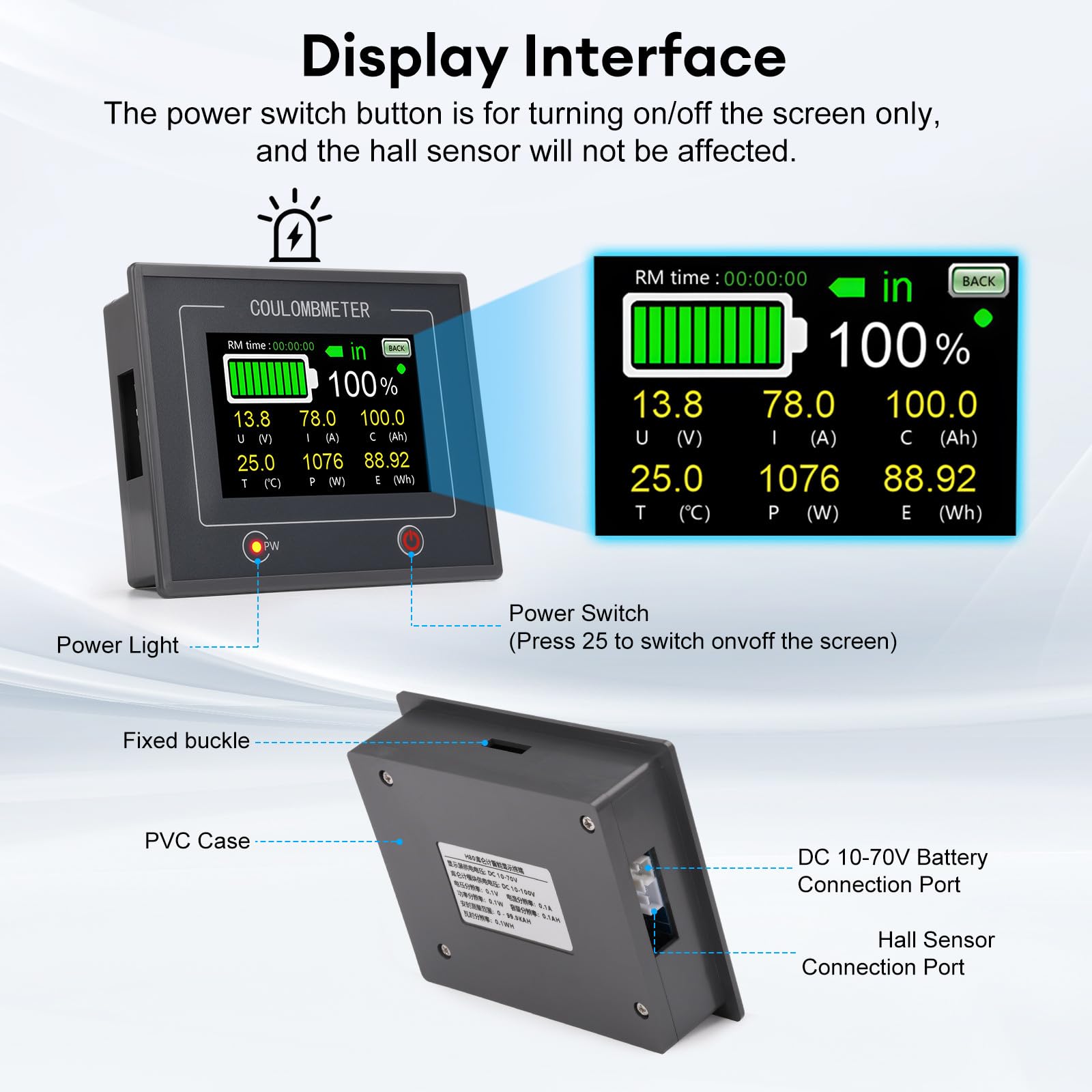 200A Digitaler Batteriewächter 12V 24V 36V 48V Batteriemessgerät Multifunktionaler,3,5" Touchable Batteriekapazitätsmonitor 10-100V LCD Display für Blei-Säure-Lithium Batterie mit Alarm