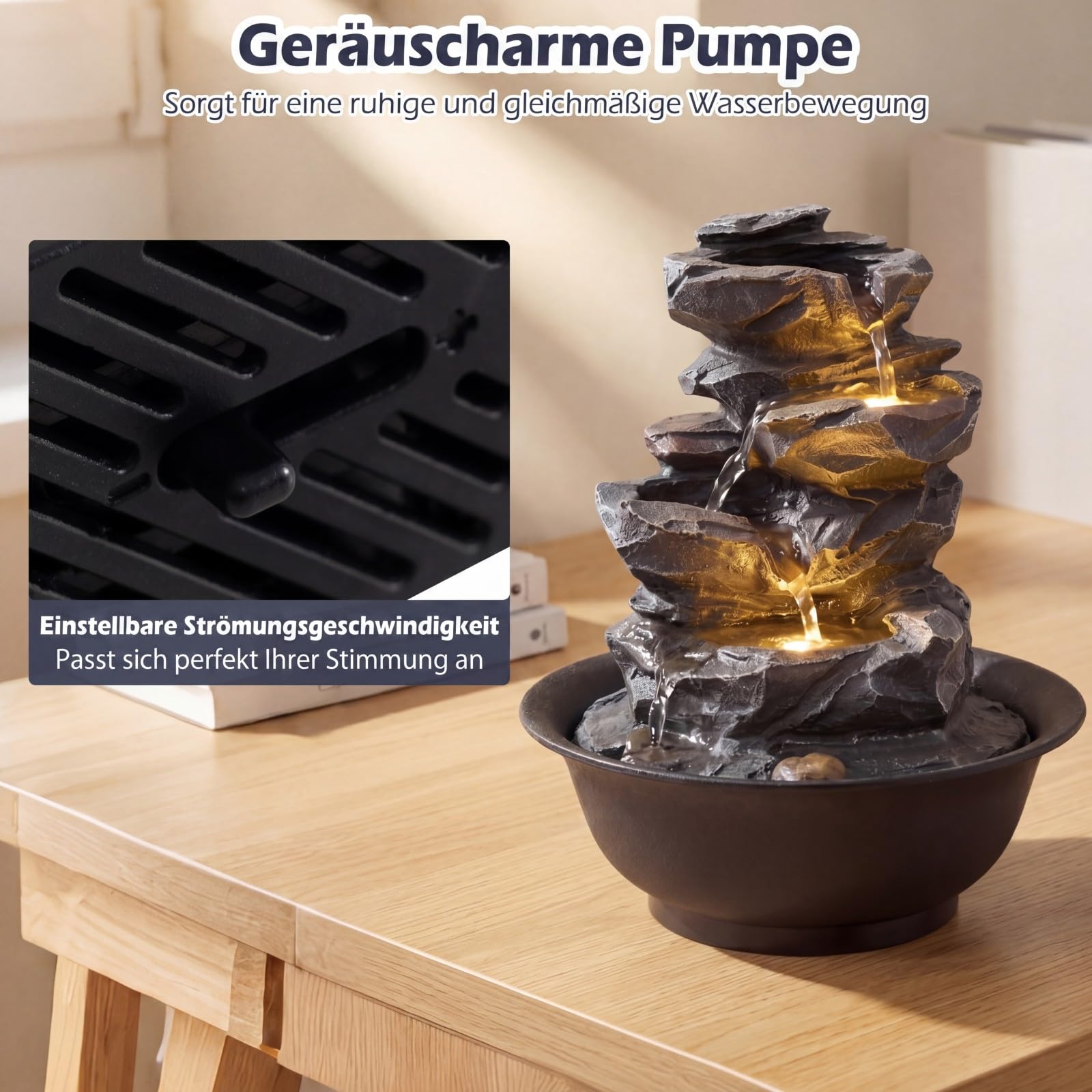 COSTWAY Zimmerbrunnen mit Pumpe, Tischbrunnen mit LED Beleuchtung & einstellbarer Wasserdurchfluss, Wasserbrunnen Stein Optik, Springbrunnen für Garten, Brunnen Wasserfall, Tischdekoration, 21,5x26 cm