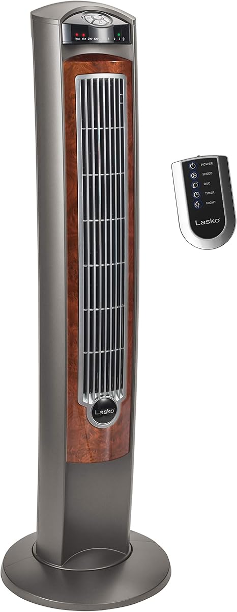 Lasko Oscillating Tower Fan with Remote, Quiet Floor Fans for Bedroom, 42", Woodgrain and Grey, T42954