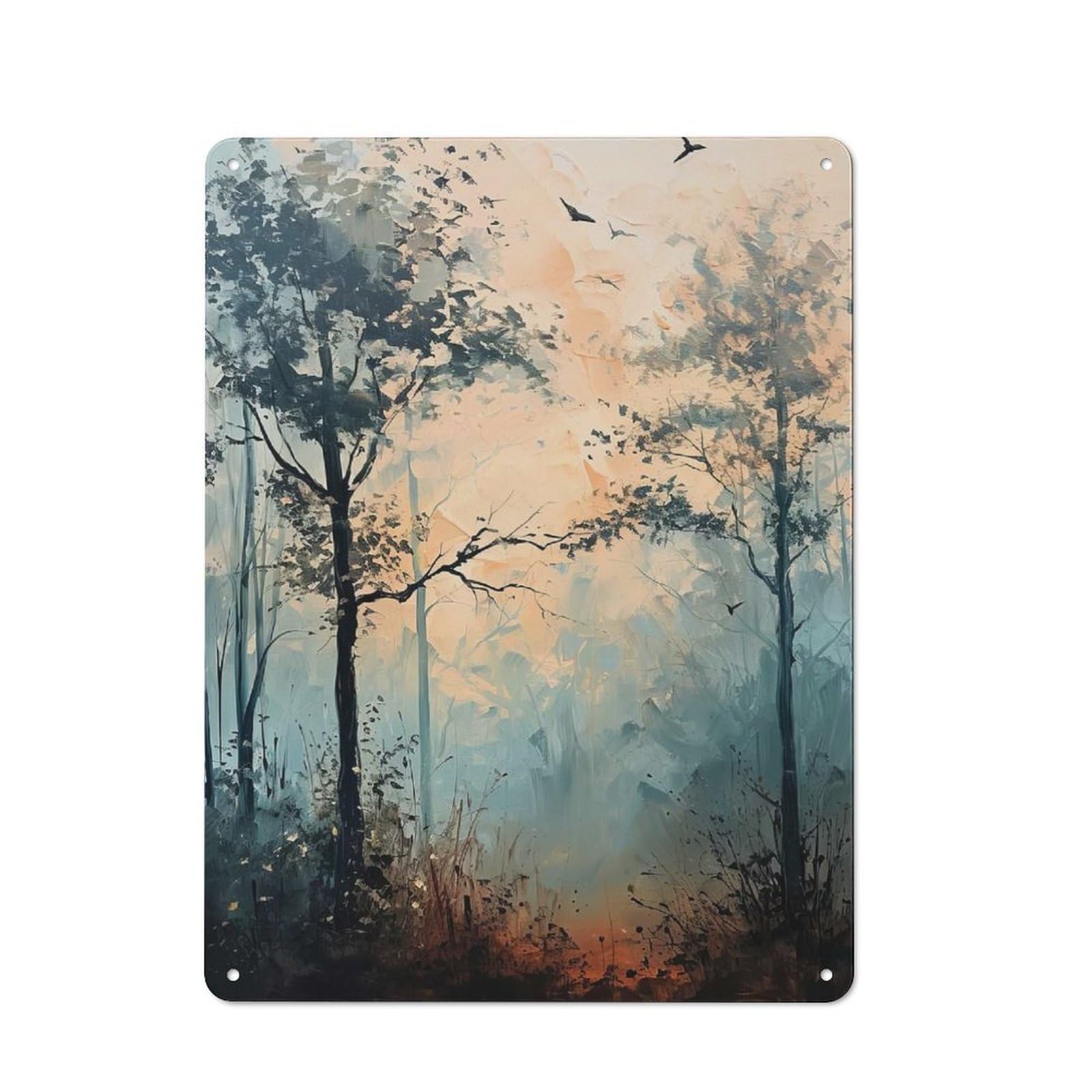 Junmoney Style-23 Misty Forest Painting With Birds Vintage Metal Wall Decor 40X30cm, Vintage Metal Sign For Cafe, Bistro, Bakery Or Restaurant