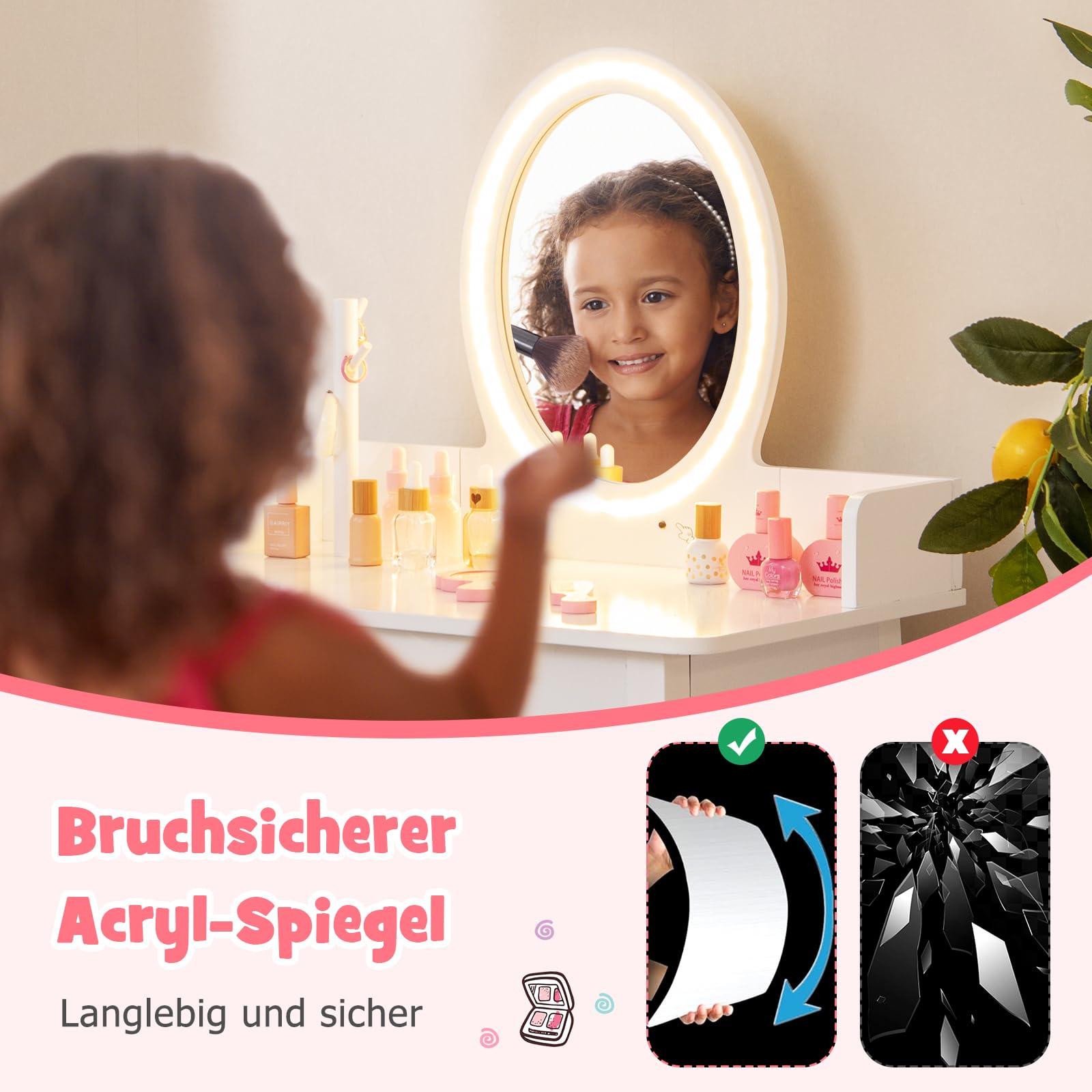 DREAMADE Schminktisch Kinder mit LED-Spiegel & Kiefernholzbeine, Prinzessin Frisiertisch mit Schublade & Schmuckständer, Kinderschminktisch mit Hocker für Kinder Mädchen (Weiß)