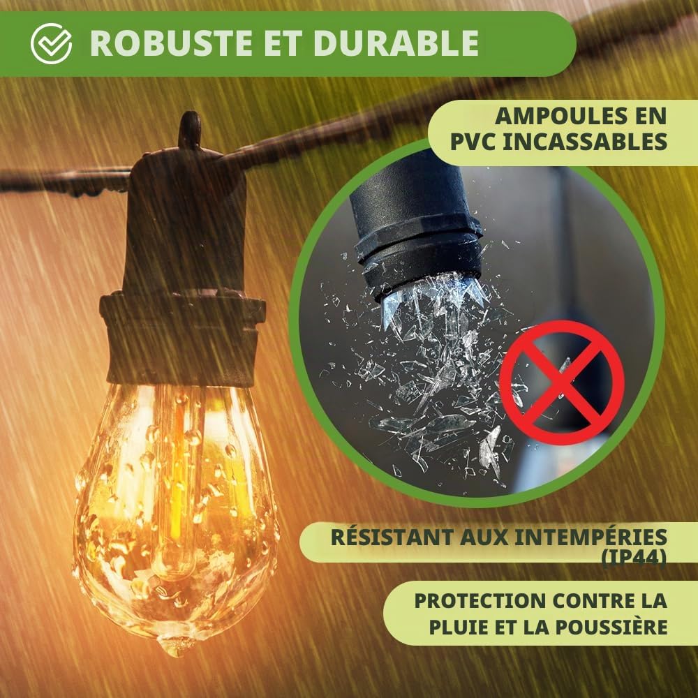 KRUMAD Guirlande lumineuse LED extérieur 10m, ampoules E27 blanc chaud 2700K, IP44 résistant aux intempéries, éclairage de fête pour jardin, balcon, terrasse, guirlande lumineuse extérieure pour