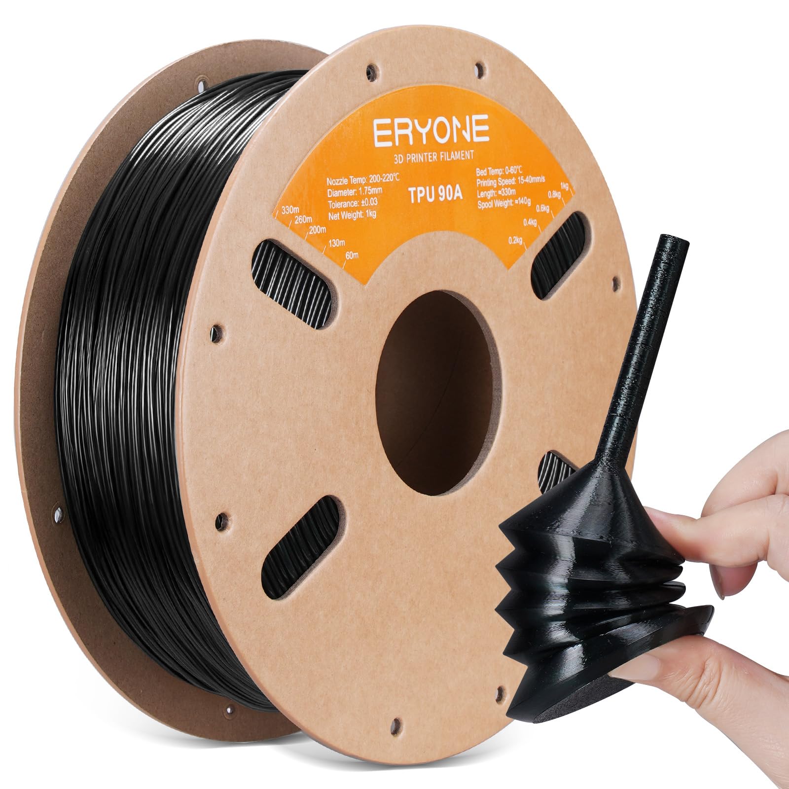 ERYONE TPU Filament 1.75mm +/-0.03mm, Flexible TPU 90A 3D Printer Filament 1kg Spool(2.2 lbs), Print with Most FDM 3D Printers, Black