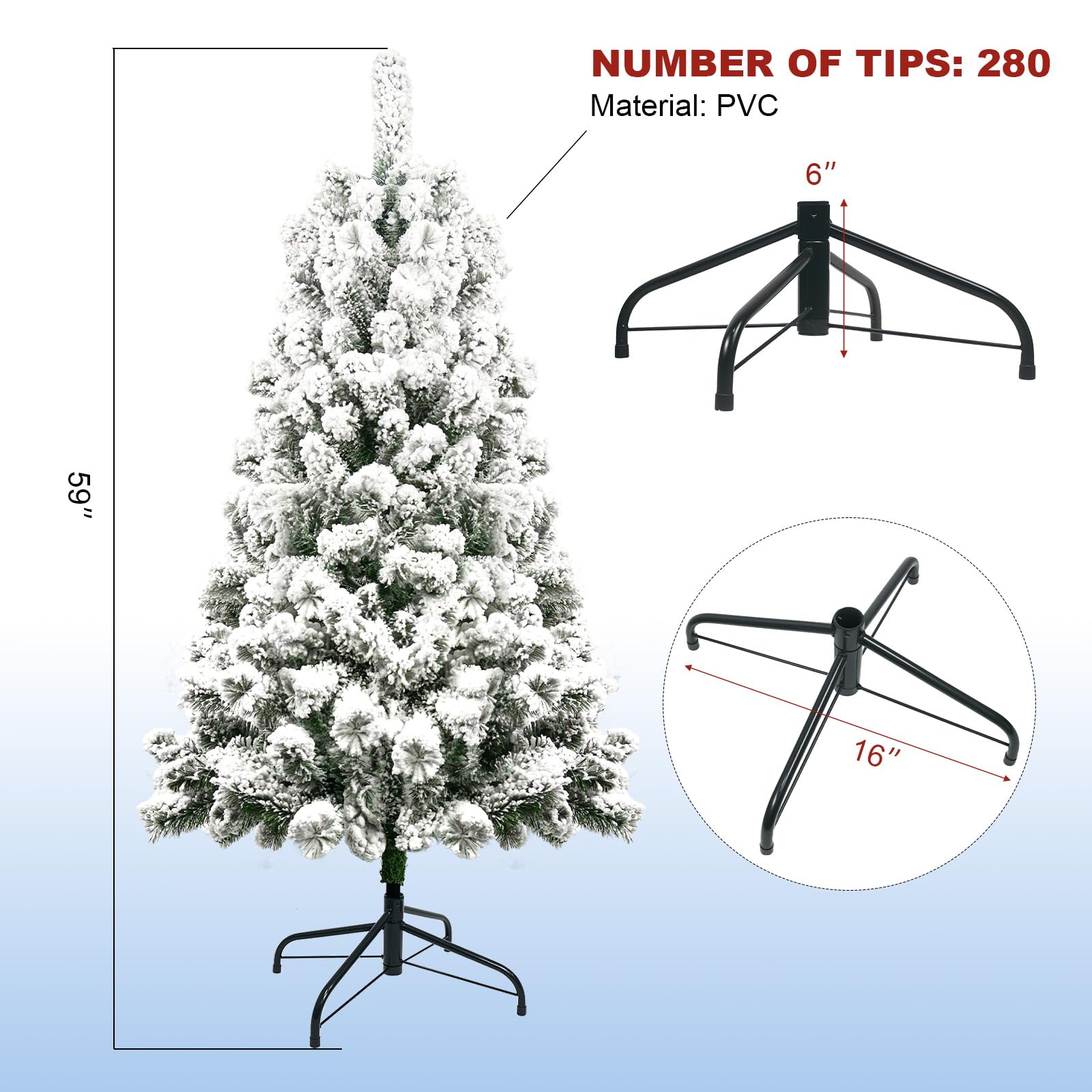 Albero di Natale Artificiale Innevato 150 cm,280 Rami,PVC Ago di Pino Effetto Realistico,Decorazione di Natale,Base Metallica