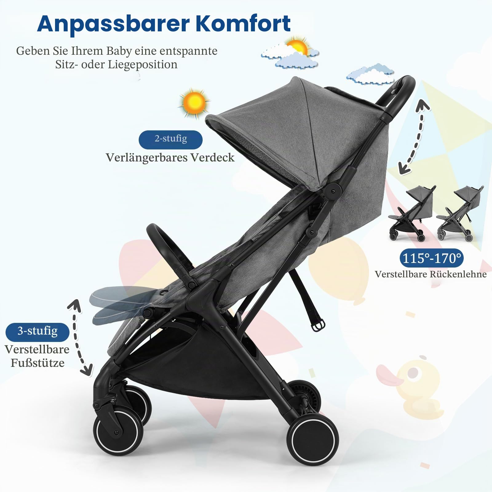 LIFEZEAL Klappbarer Kinderwagen, Kinderbuggy mit verstellbarer Rückenlehne, Buggy mit Schlaffunktion, Leichter Reisebuggy für Babys von 0-3 Jahren, Tragkraft von 15 kg