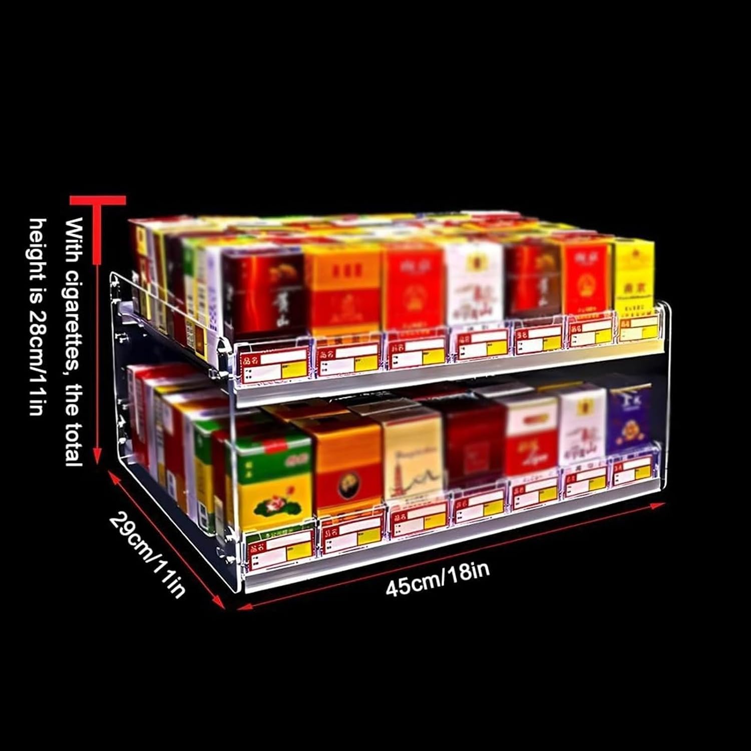 Acrylic Cigarette Display Rack, Automatic Cigarette Dispenser Organizer, Retail Showcase Holder for Supermarkets, 45x29x28cm Cigarette Pusher Stand, Durable & Stylish Retail Solution