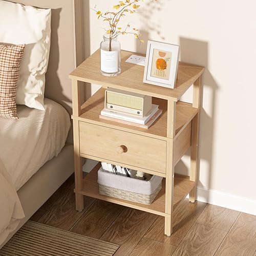 Miniatura 5 de Lerliuo Mesita de noche con estación de carga y puertos USB, mesa auxiliar de almacenamiento de 3 niveles con estante para cajones, mesita de noche