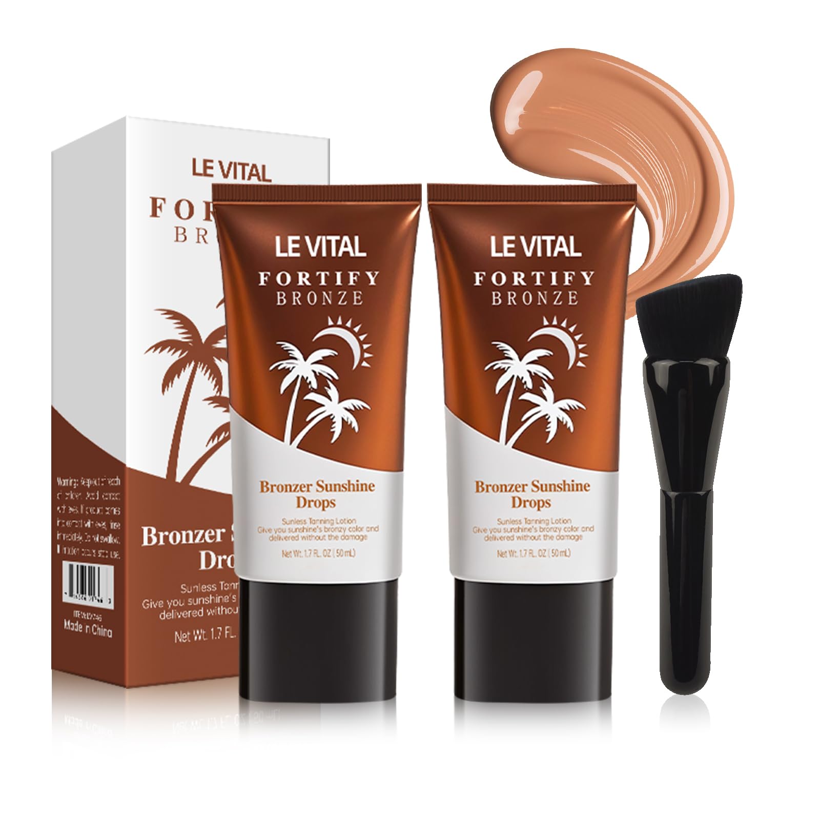 Le Vital Bronzer Bronzing Drops, Sunless Tanning Lotion, Liquid Bronzer For Face & Skin with Applicator Brush, Creates A Sun-Kissed Glow, Vitamin E, Vegan & Cruelty-Free, Pure Gold, 1.7oz, Pack of 2