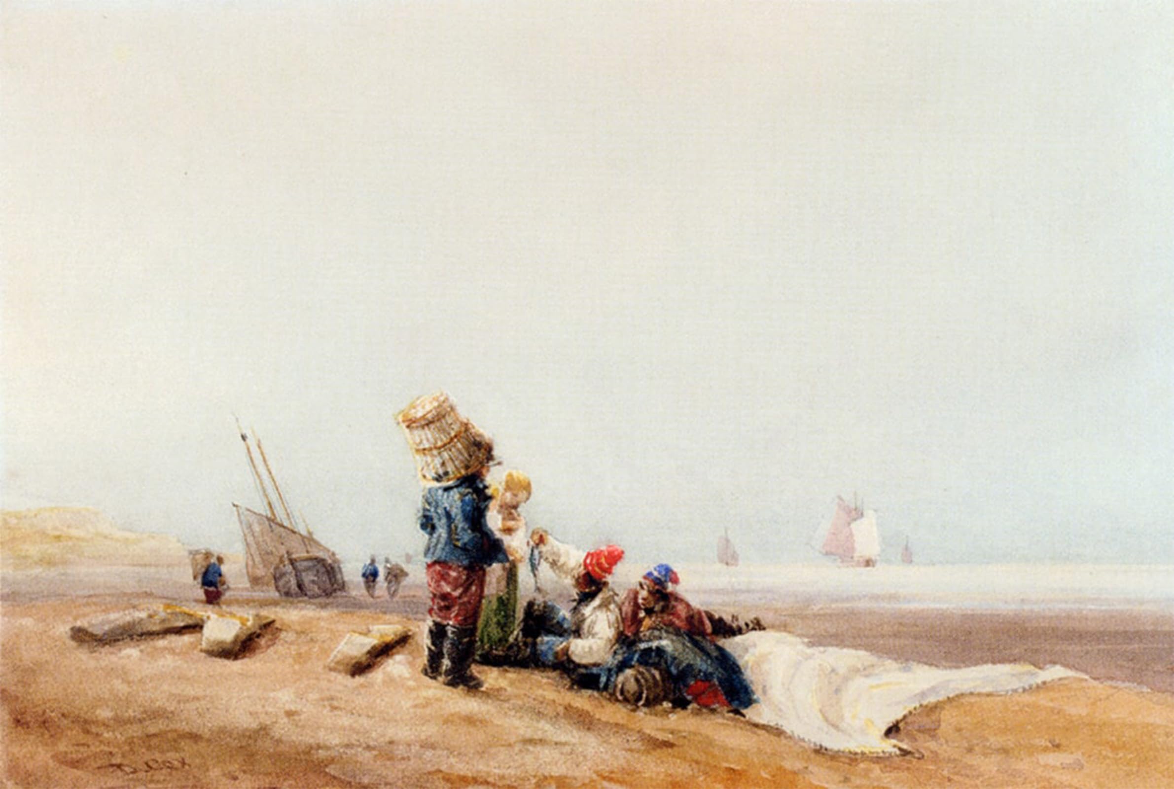 ARTXLXXBN Famous Prints Artwork Pictures Poster Painting Art Fisherfolk on the Shore by David Cox Artwork Landscape Pictures for Home Decor 60x90cm