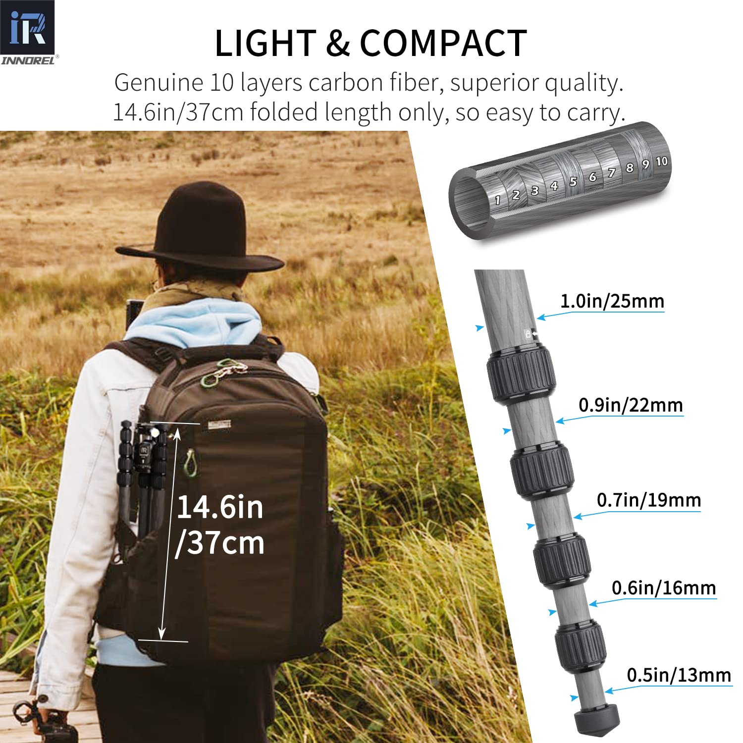 INNOREL 157.5 cm 10 warstw monopod statywu do aparatu z włókna węglowego z 360-stopniową głowicą kulową o niskiej grawitacji, dwie płytki do szybkich butów 1/10.2 cm, torba do przenoszenia lustrzanki