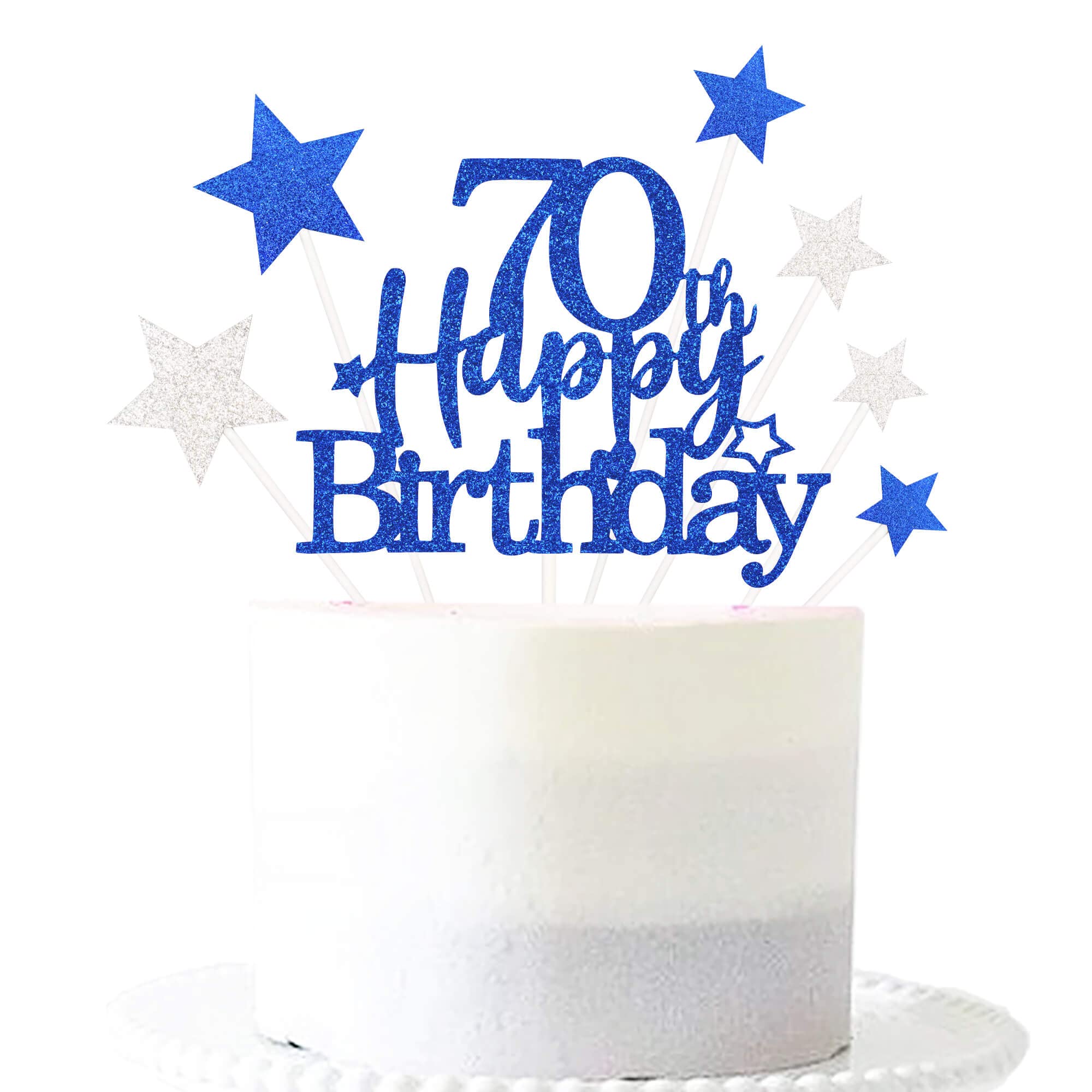 Pargleev Glittery 70th Happy Birthday Cake Topper with Star,Personalised 70 Birthday Cake Toppers Party Decorations Party Supplies for Men Women Blue