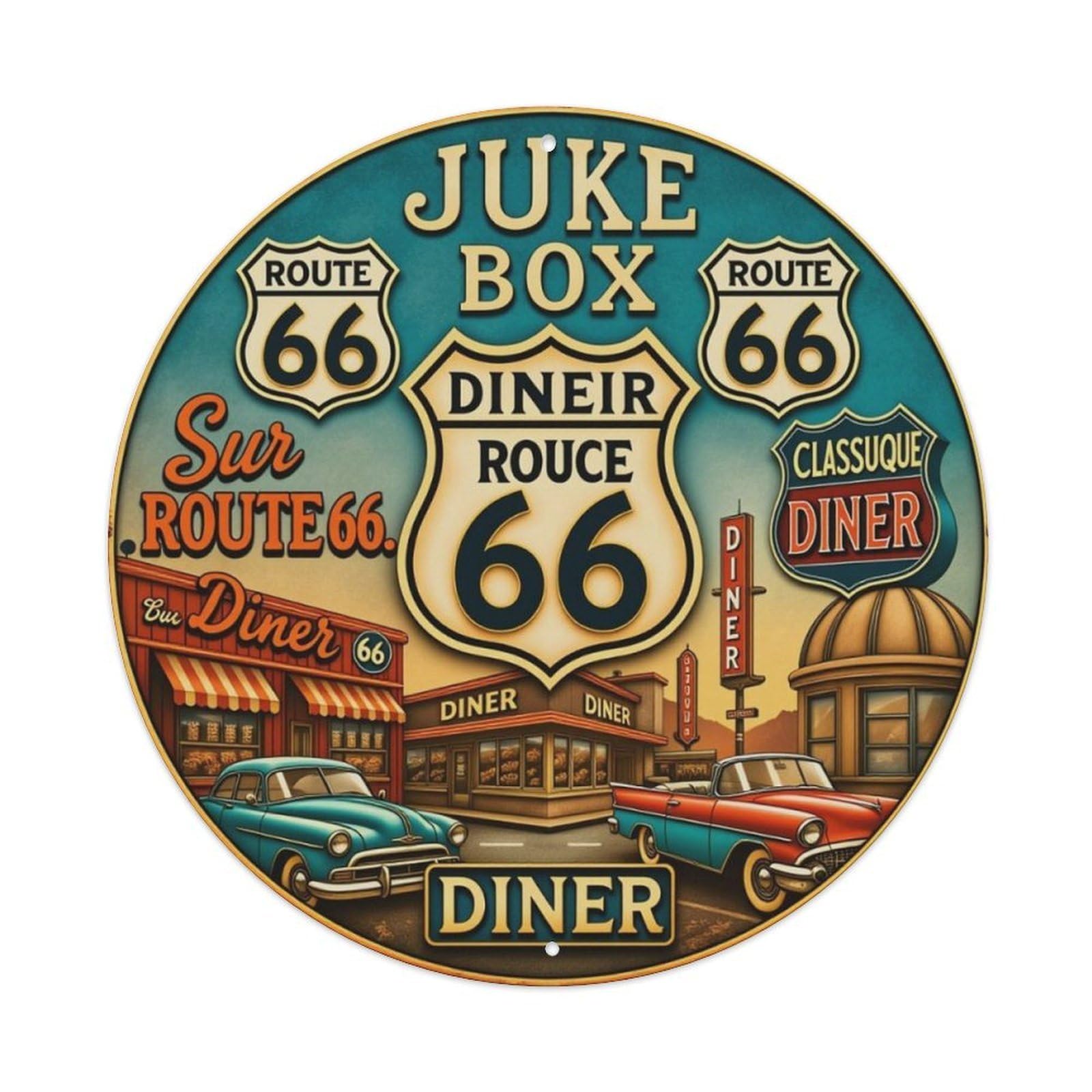 Vintage Route 66 American Diner Round Sign Vintage Aluminium Metal Sign, Retro Wall Decor for Home, Bar, Garage & Farmhouse 20x20cm