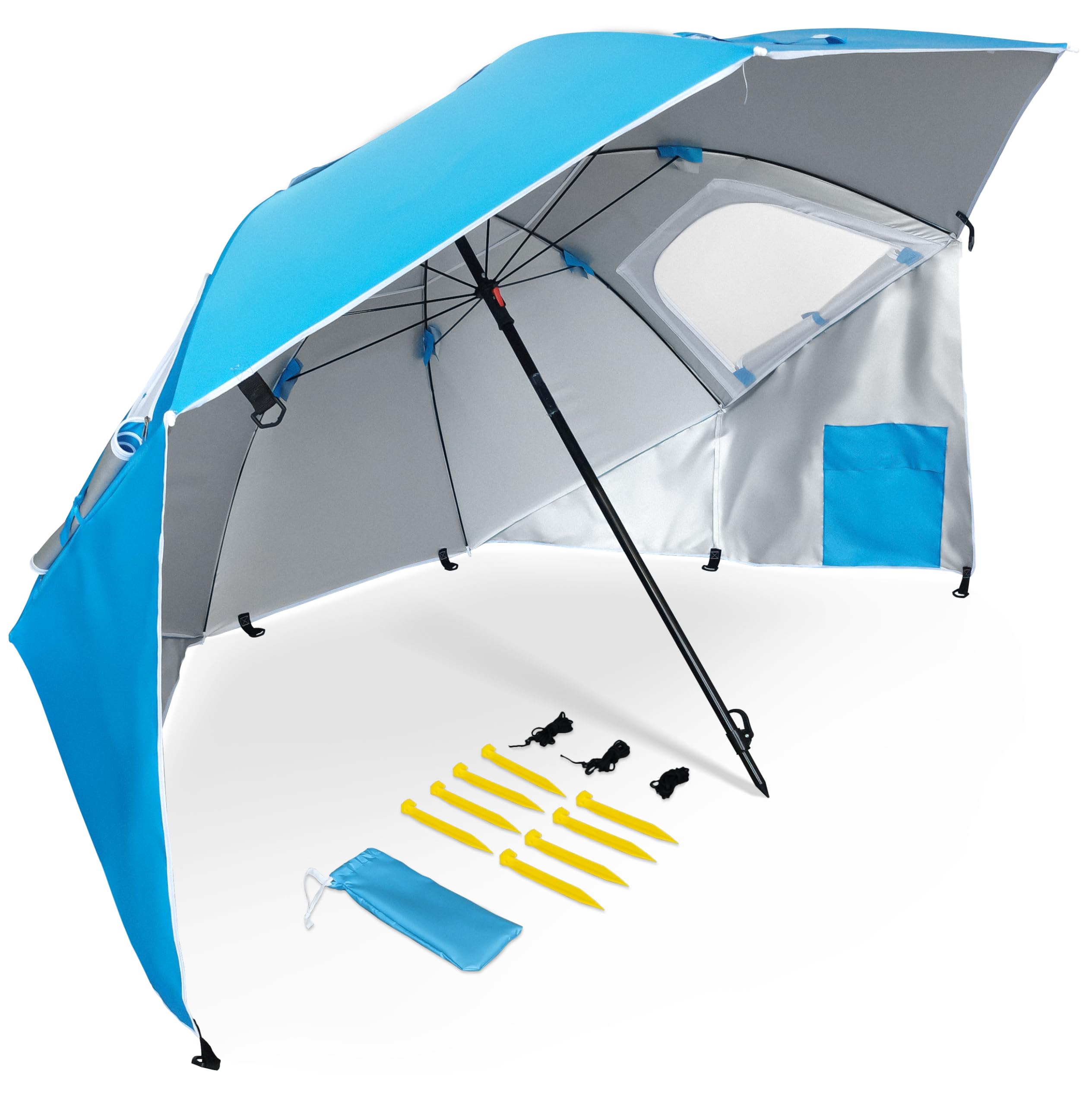 PINCHO Strandmuschel Sonnenschirm Strand Windfest Stabil 220 cm - Strandschirm mit UV Schutz 50, Sonnenschutz Strand, Erdspieß, Transporttasche, Fenster - 35 km/h, Strandmuschel-Design, Blau