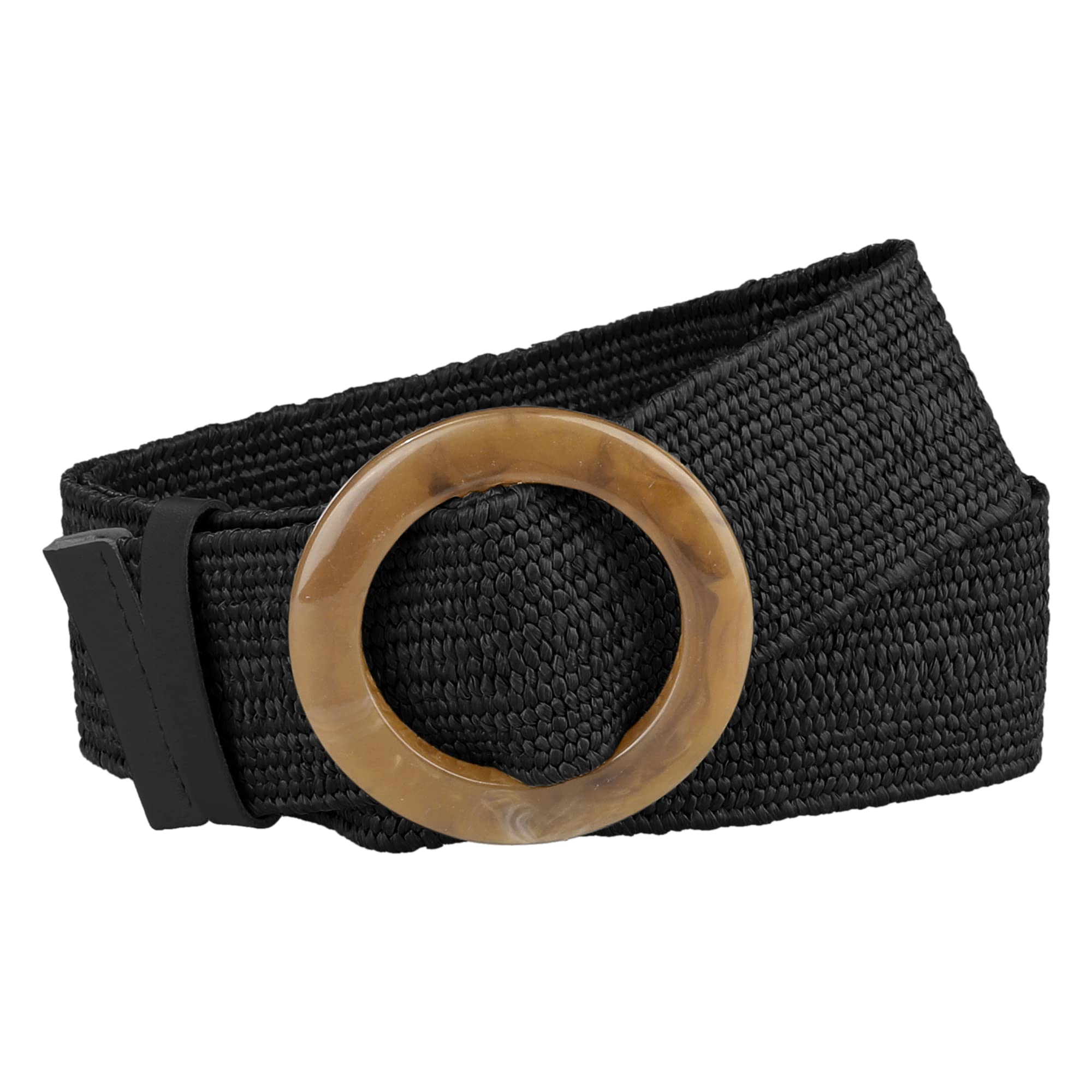 Elerevyo Womens Woven Wide Stretch Belts, Straw Rattan Round Buckle Elastic Belts Waistband for Dress Black 60-85cm/23.62-33.46"