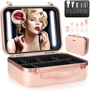 Travel Makeup Case with Light Up Mirror,Large Capacity Makeup Bag Organizer Cosmetic Bag For Women,Portable Waterproof Cosmetic Train Case Storage Bag with Brush Compartment and Travel Bottles Set