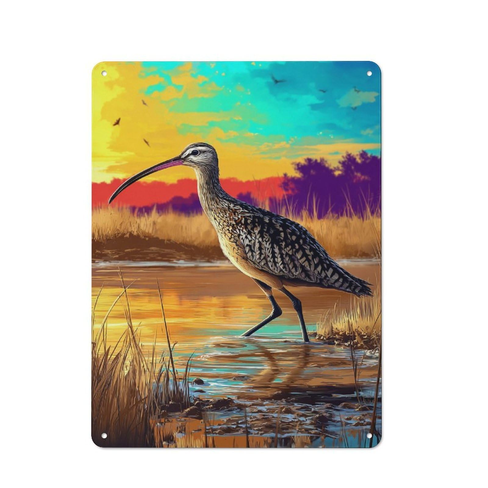 Curlew at Sunset in Wetland Country Metal Wall Decor 40x30cm, Tin Wall Plaque for Cottage, Kitchen, Hallway Or Breakfast Nook