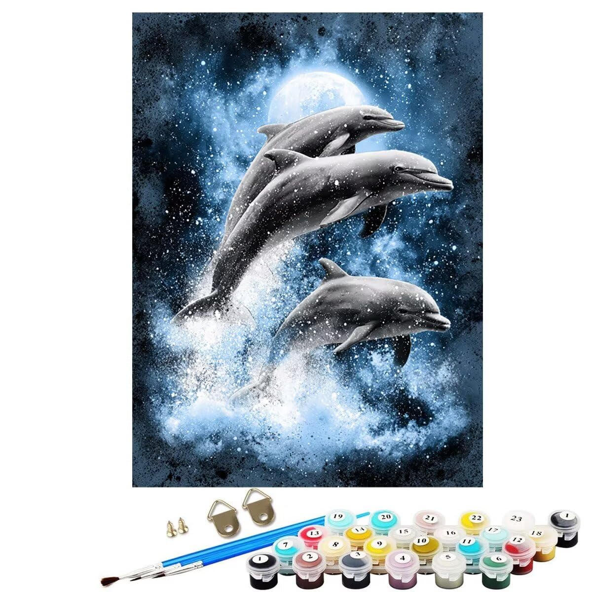 Delphin Landschaft Malen Nach Zahlen Erwachsene, Paint by Numbers Adult Set, Heimwerk Malen Nach Zahlen Kinder Mit Rahmen, Pinsel und 36 Acrylfarbe für Deko Wohnzimmer Geschenke 60 x 80 cm BJHDK370